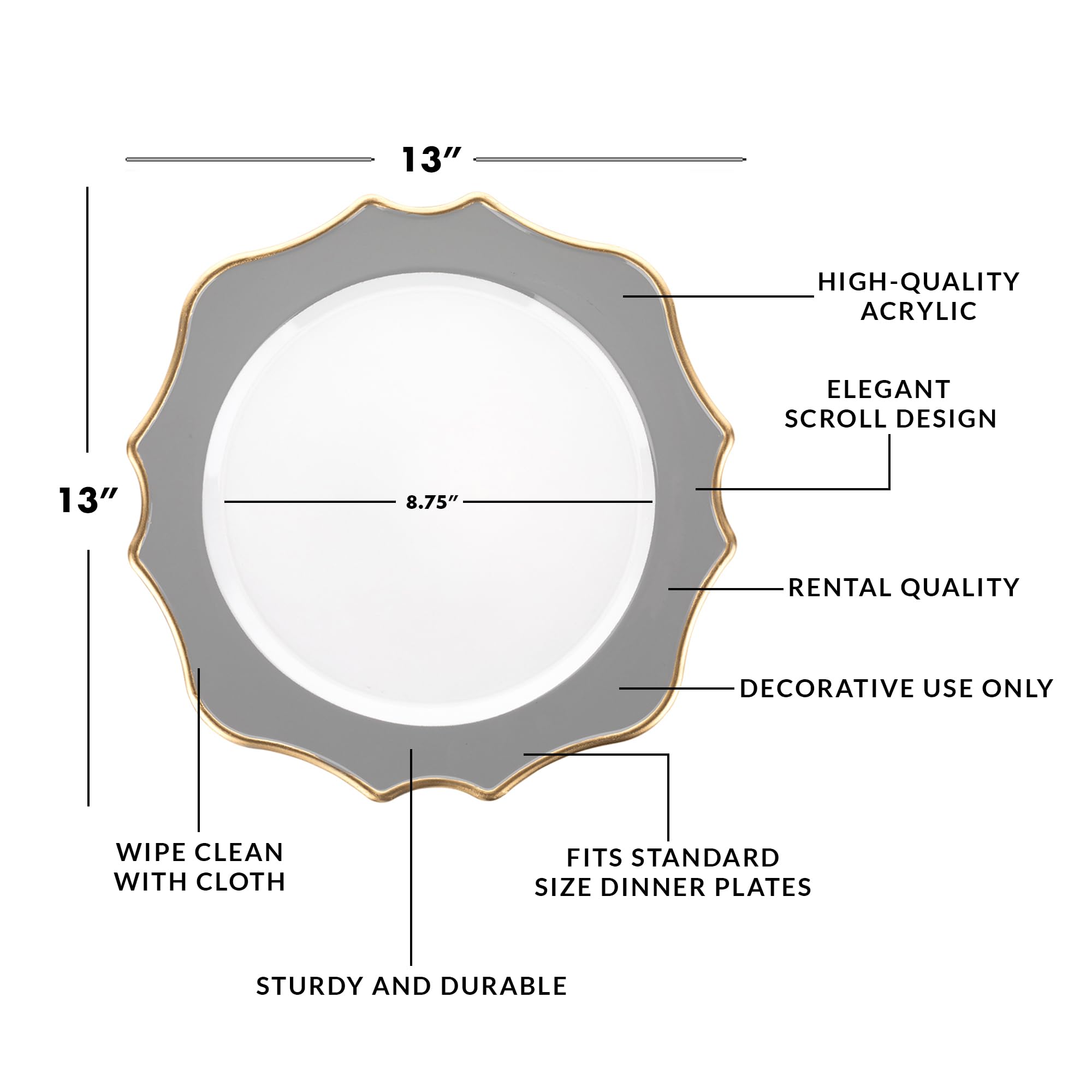 Koyal Wholesale 12-Pack Modern Scallop Charger Plates - French Style Rustic Farmhouse Dinnerware, Ornate Decorative Plates for Wedding, Party & Holiday Table Setting (Gray)