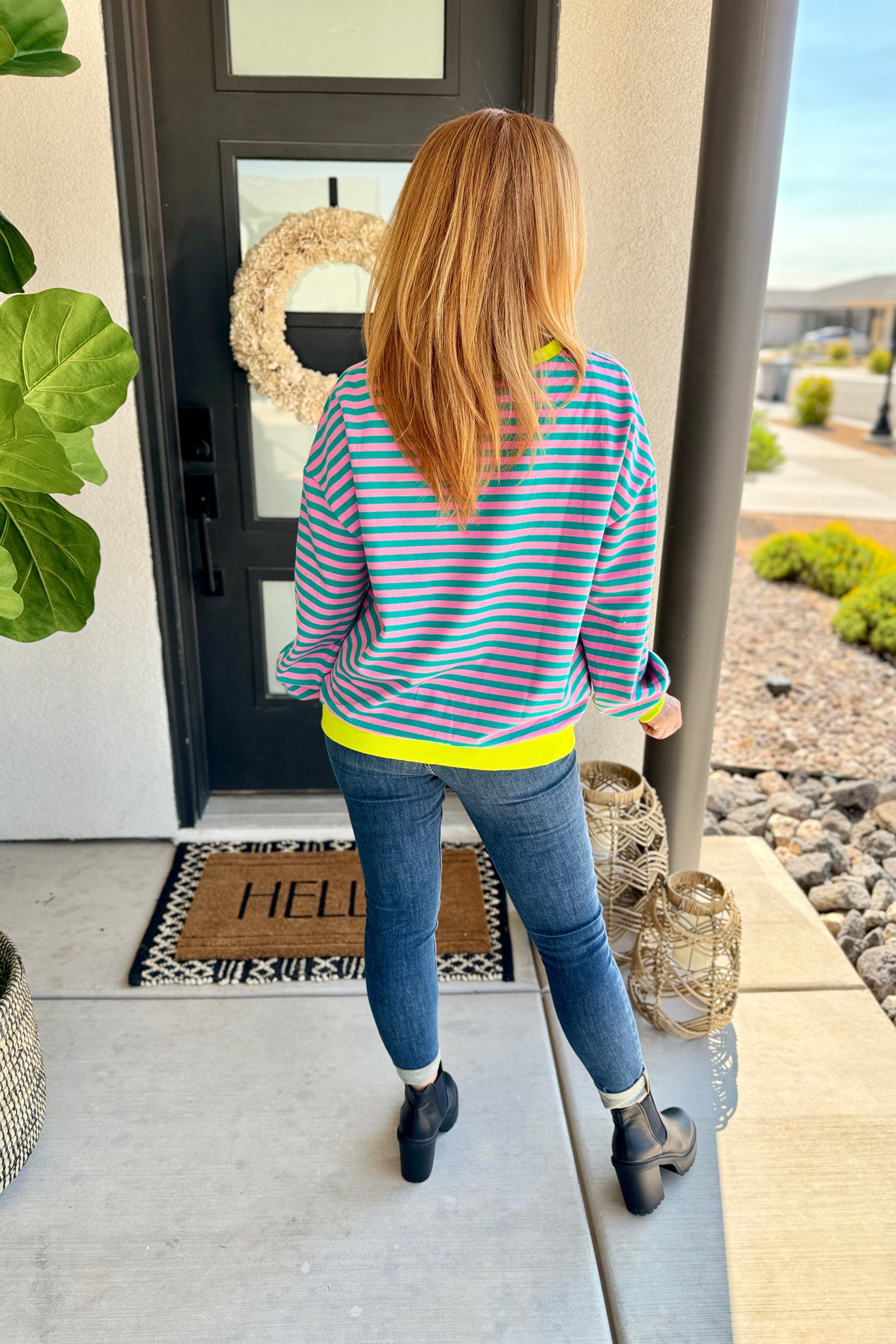 PREORDER: Larson Contrast Pullover - Trendy Pink & Green Sweatshirt for Women | Casual Wear, Street Style, Loungewear
