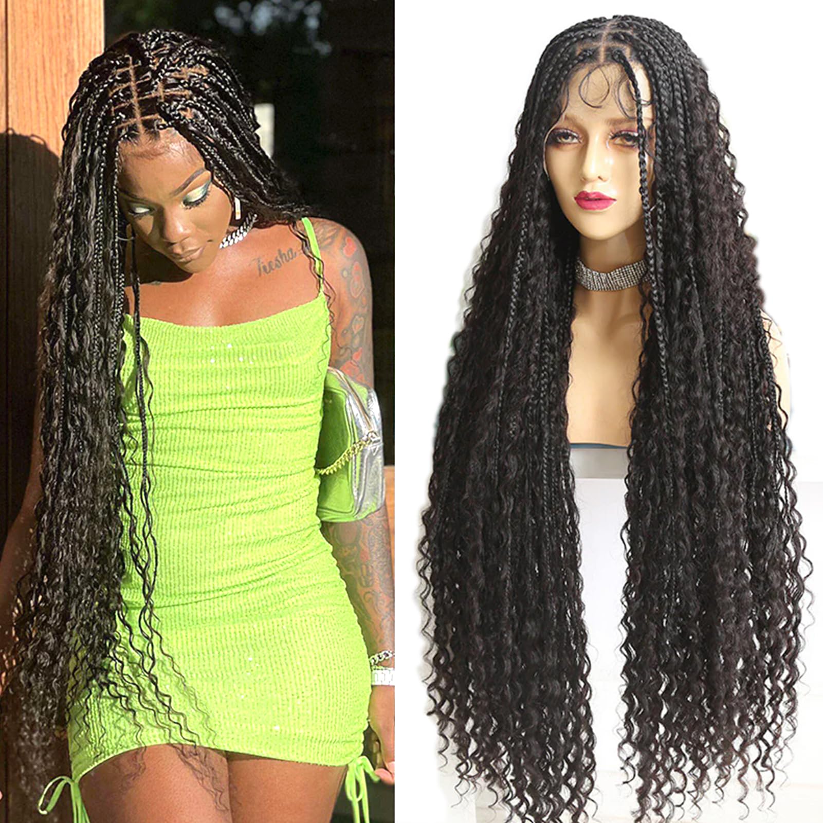 YMS Boho Box Braids Wigs | 24 Inch Human Hair Full Lace Wigs with Curls | Knotless Bohemian Braided Wigs for Women | Pre-Plucked with Baby Hair & Square Part | Perfect for Parties, Weddings & Protective Styling