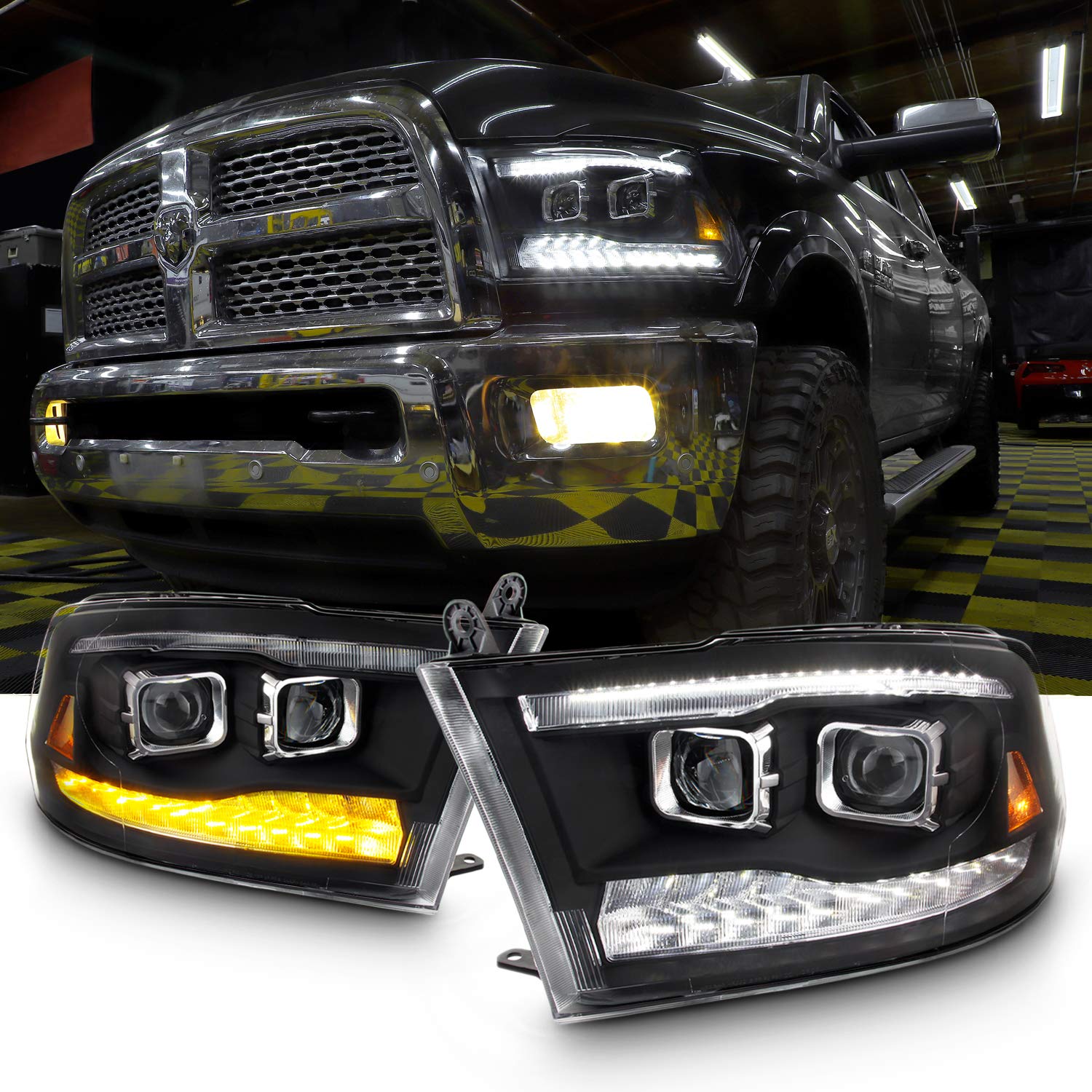 AKKON LED Headlights for 2009-2018 Dodge Ram 1500/2500/3500 - Black Housing Projector Headlight Assembly with Bulbs | Upgrade Truck Lighting for Night Driving & Off-Road Adventures