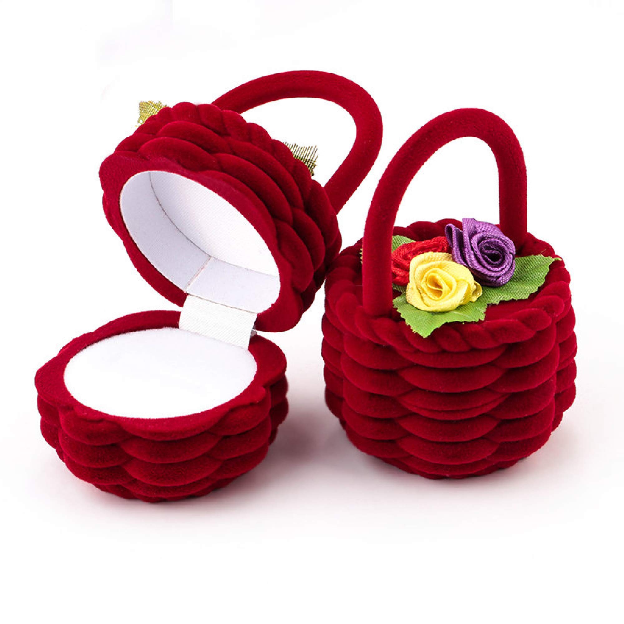Lovely Velvet Flower Basket Wedding Engagement Ring Box - Jewelry Gift Box for Earrings Necklace Display (Red) - Perfect for Bridal Showers, Proposals & Jewelry Storage