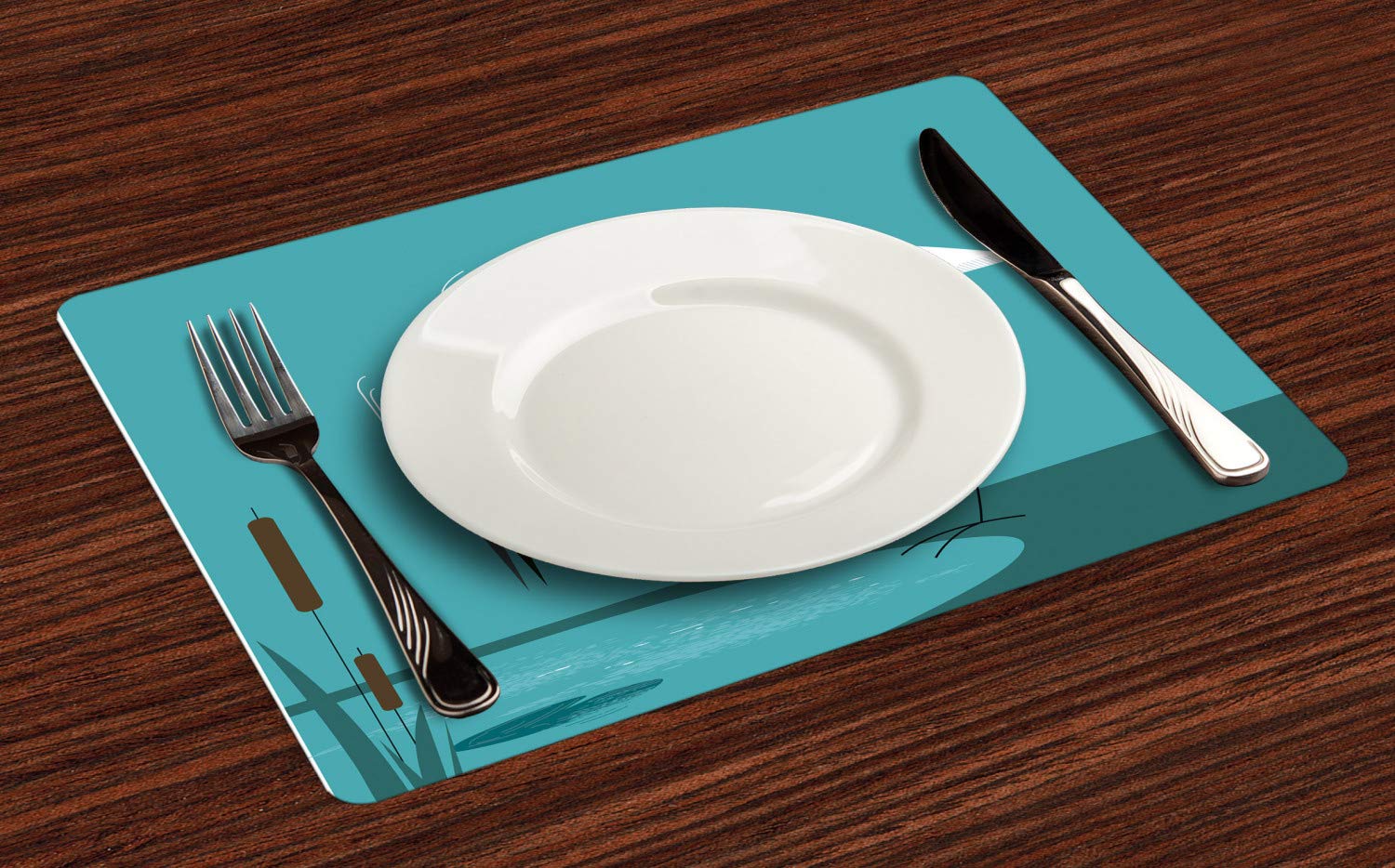 Ambesonne 4-Piece Egret Place Mats Set - Modern Nature Illustration with Birds on Lake Shore, Washable Fabric Dining Table Mats for Kitchen & Home Decor in White, Dark Seafoam, Teal & Charcoal Grey - Perfect for Dinner Parties, Holiday Gatherings & Everyday Meals