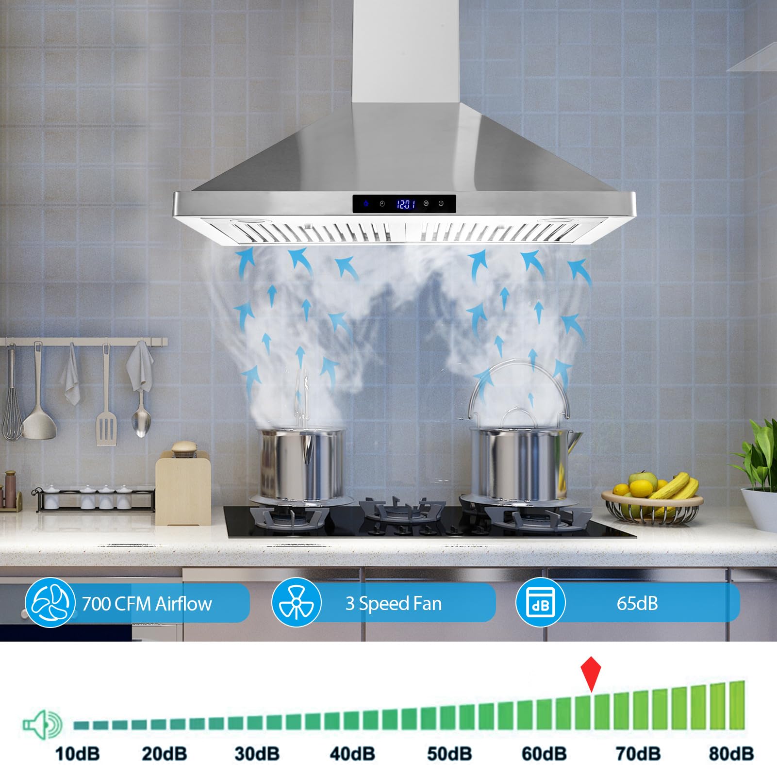 30 Inch Stainless Steel Wall Mount Range Hood - 700 CFM Convertible Ducted/Ductless Kitchen Exhaust Fan with Touch Control, 3 Speed Settings & LED Lights | Permanent Filters for Easy Maintenance | Perfect for Modern Kitchens, Apartments & Open Concept Homes