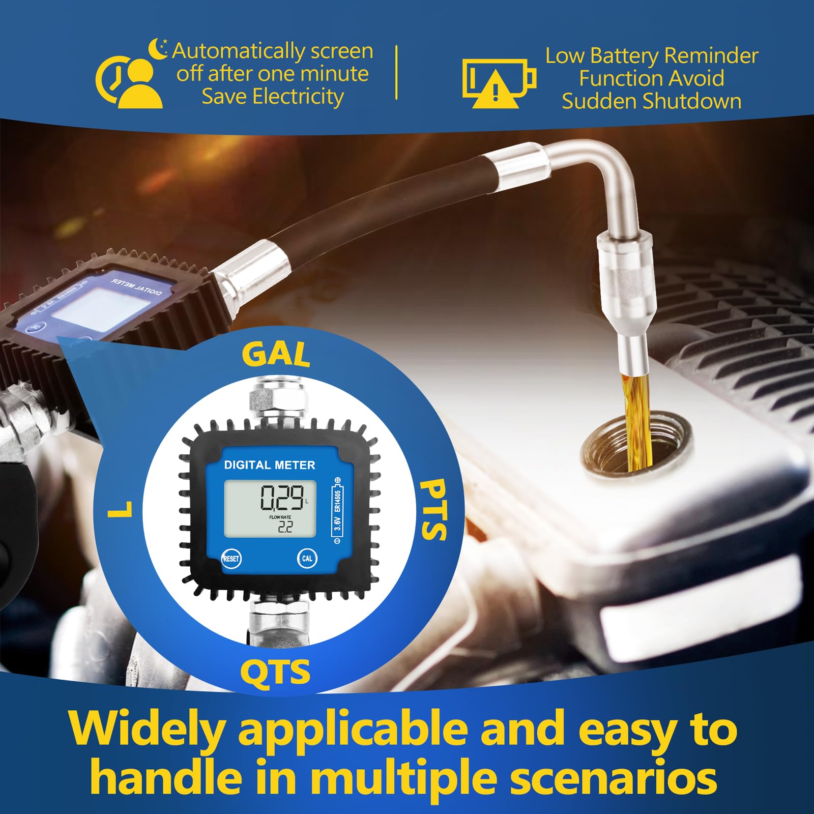 **Heavy Duty Digital Oil Control Valve Flow Meter Dispenser Nozzle - 10 GPM / 35 LPM, Air Operated Electronic Oil Metering Gun with 1/2 Inch NPT Inlet - Max Pressure 1500 PSI / 100 Bar - Ideal for Fuel Transfer, Lubrication Systems & Industrial Applications**