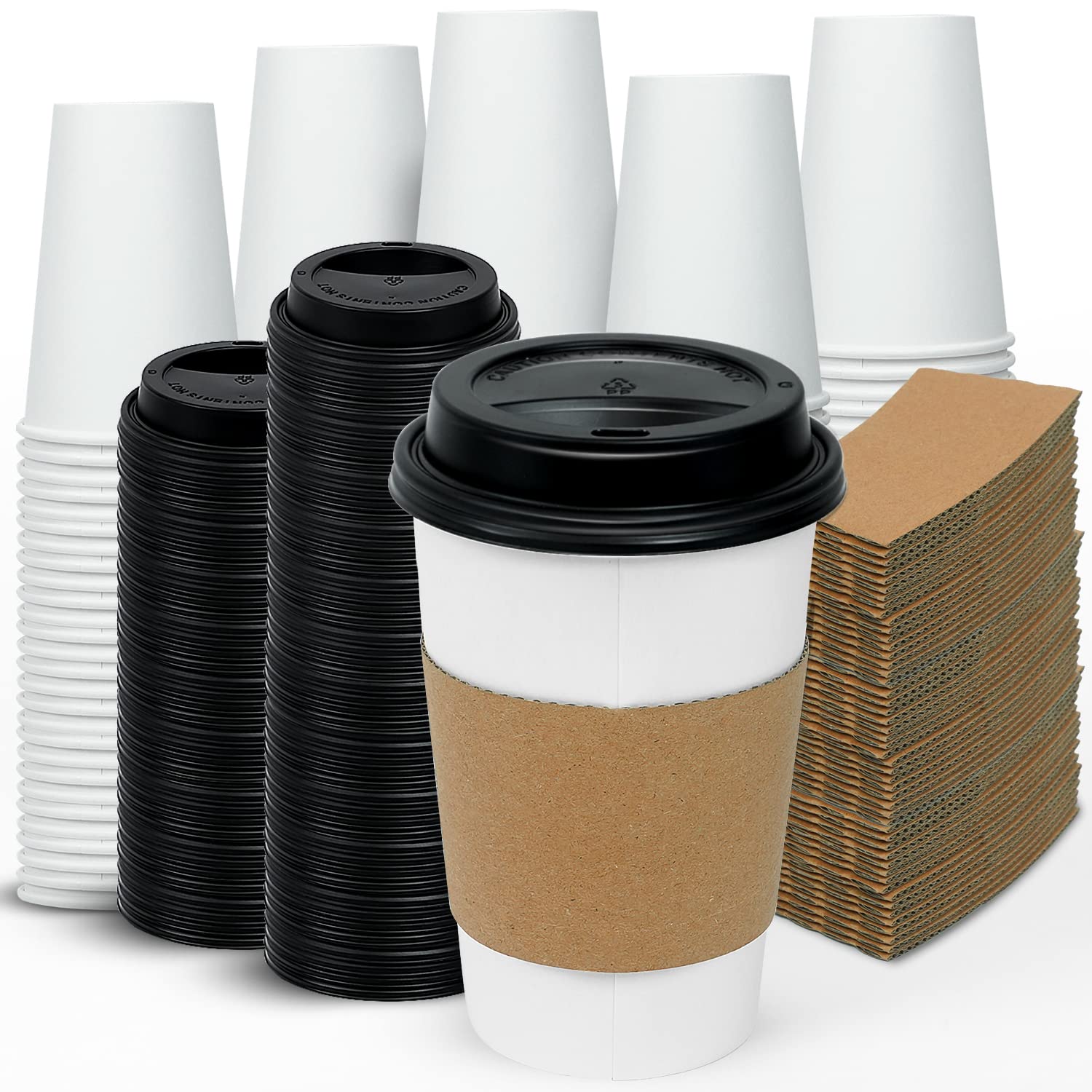 100 Pack 16oz Disposable Coffee Cups with Lids & Sleeves - Insulated Paper Cups for Hot Drinks, Coffee, Tea, Hot Chocolate - Perfect for Coffee Shops, Offices, Catering & Takeout