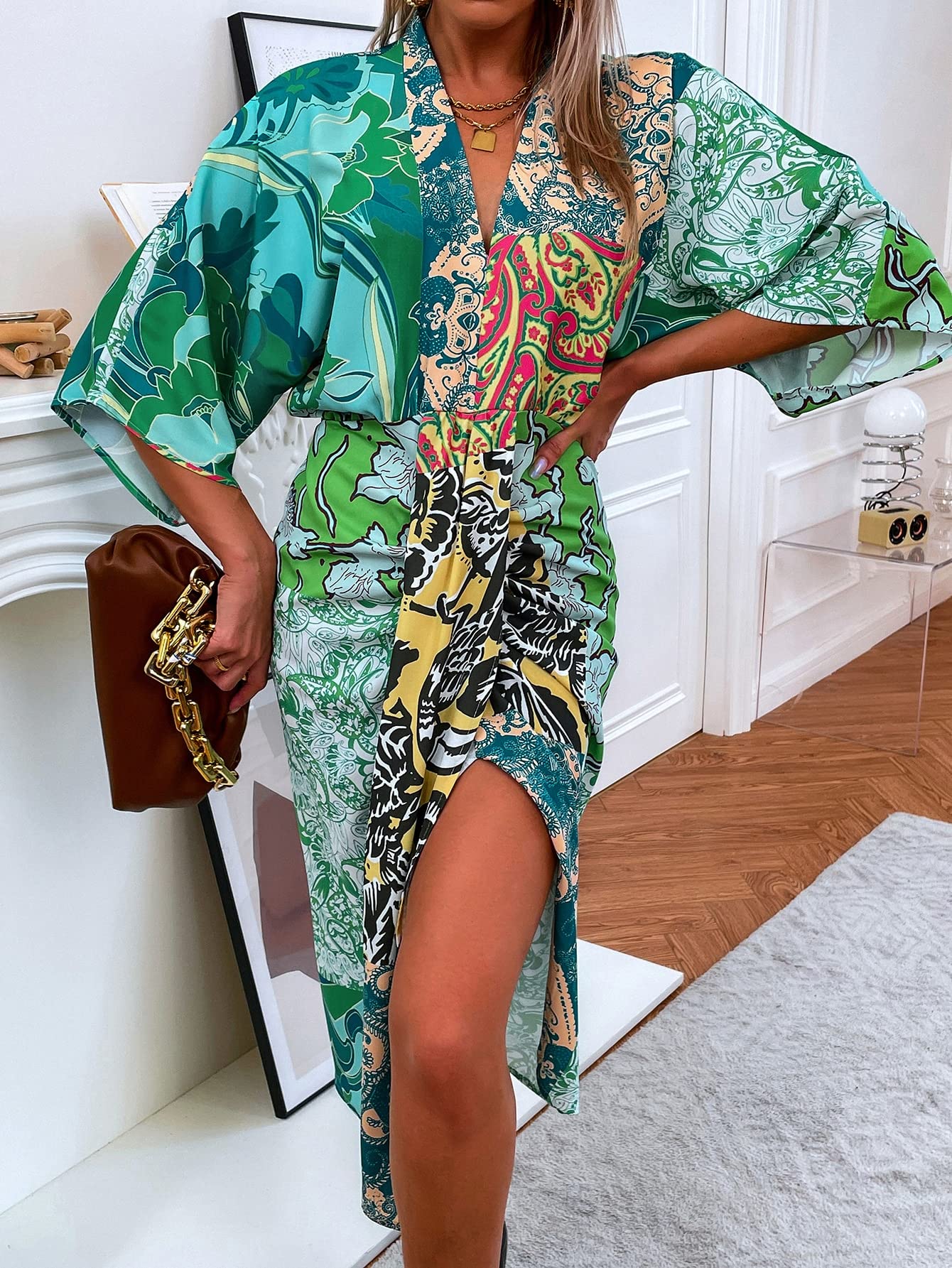WorldDecorations Women's Floral & Paisley Print Batwing Sleeve Dress - Small, Multicolor | Elegant Party Wear & Summer Casual Outfit