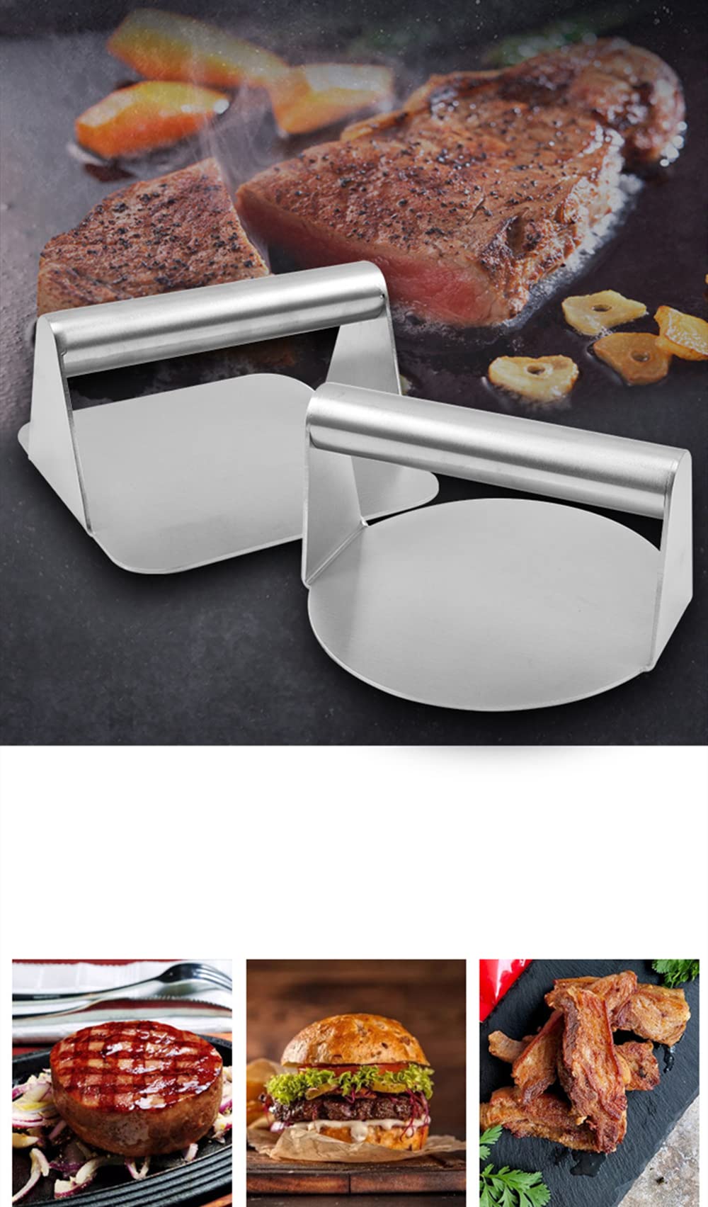 Premium 304 Stainless Steel Meat Press - Round & Square Hamburger Patty Maker with Wooden Handle for Steak, Burgers & Meatballs | Heavy Duty Kitchen Tool for BBQ, Grilling & Home Cooking