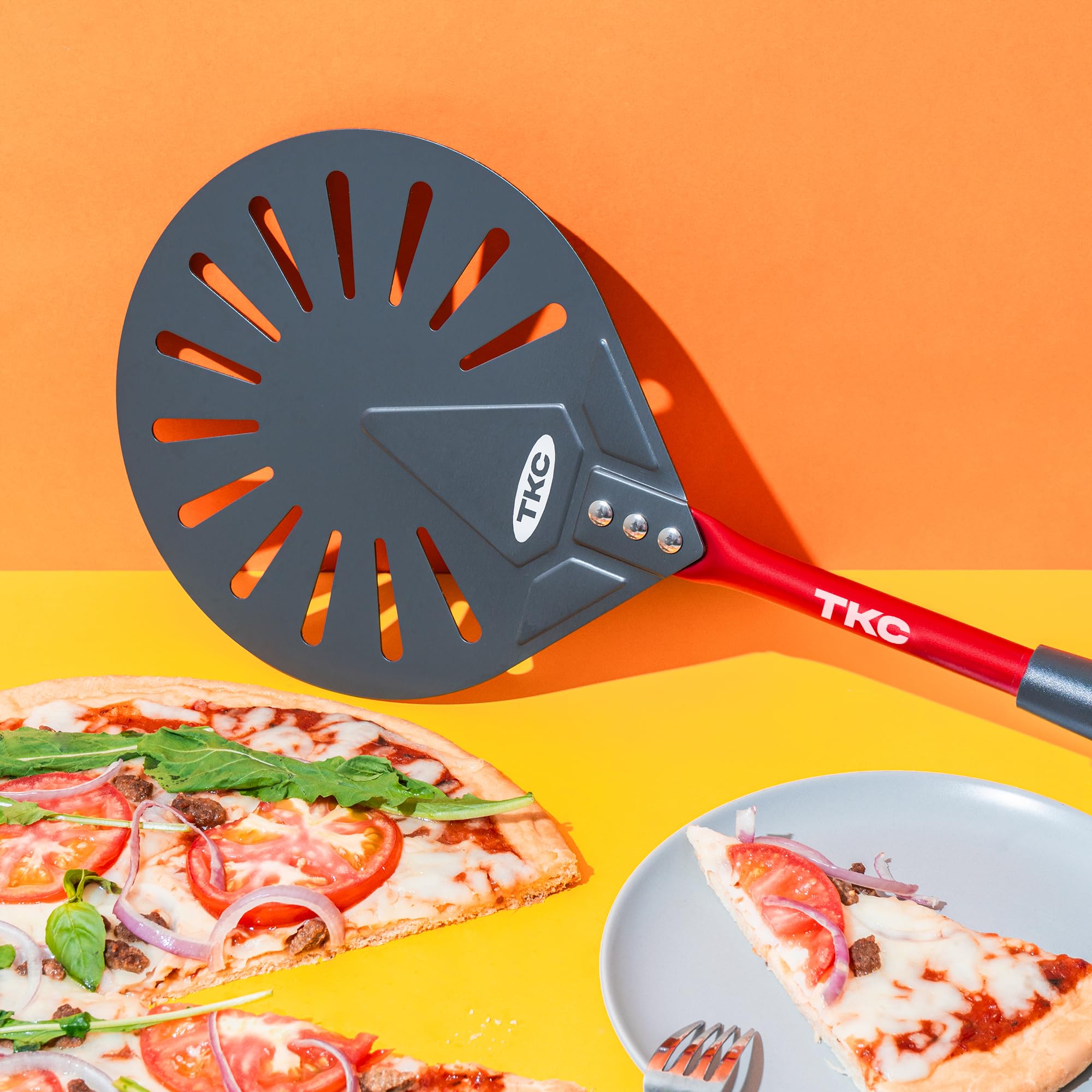 TKC 9-Inch Perforated Aluminum Pizza Peel - Professional Non-Stick Pizza Turner with Long Metal Handle - Lightweight Pizza Oven Accessory for Ooni & Outdoor Pizza Ovens - Perfect for Home Kitchens, Restaurants & Backyard BBQ Parties