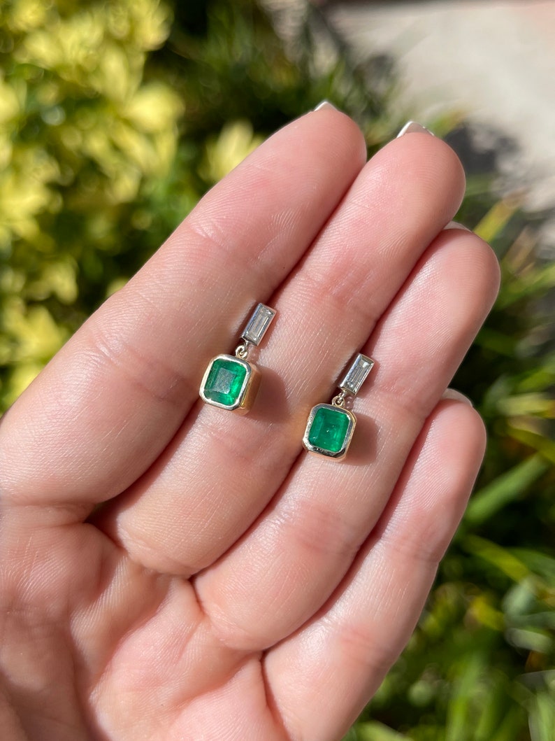 2.30tcw 14K Gold Asscher Cut Emerald and Diamond Dangle Earrings - Luxury Bezel Set Green Gemstone Jewelry for Women, Perfect for Weddings, Parties & Special Occasions