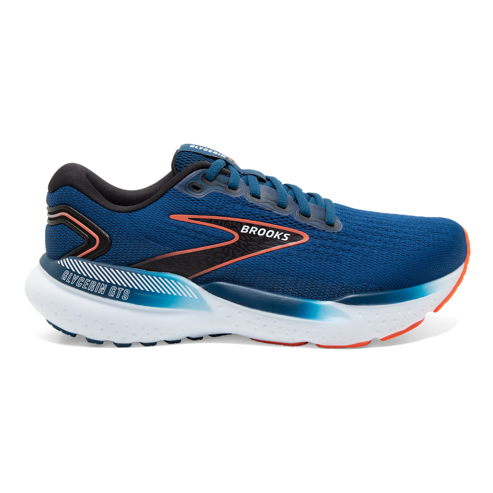 Brooks Glycerin GTS 21 Running Shoes for Men - Blue Opal/Black/Nasturtium - Size 7 D Medium - Premium Cushioned Support for Road Running, Jogging & Training