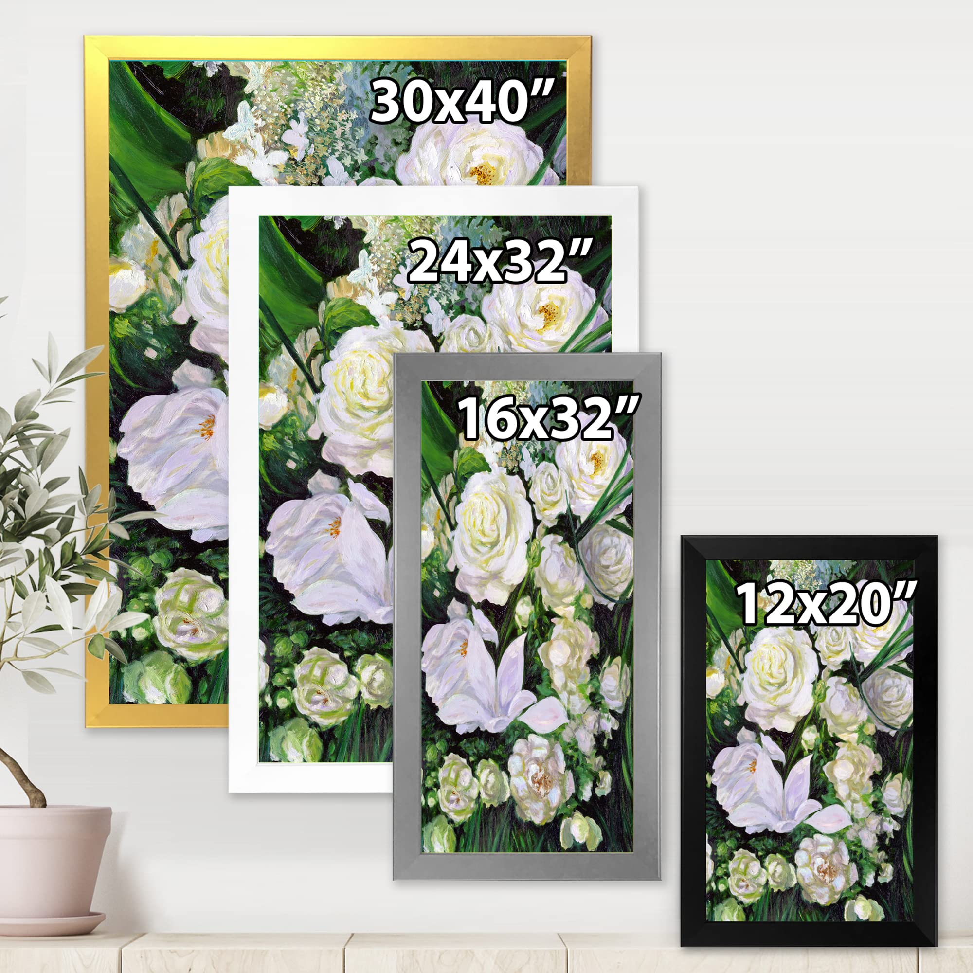 DesignQ Framed Wall Art - Elegant White Rose Bouquet Painting for Home & Office Decor | Perfect for Living Room, Bedroom, or Gift