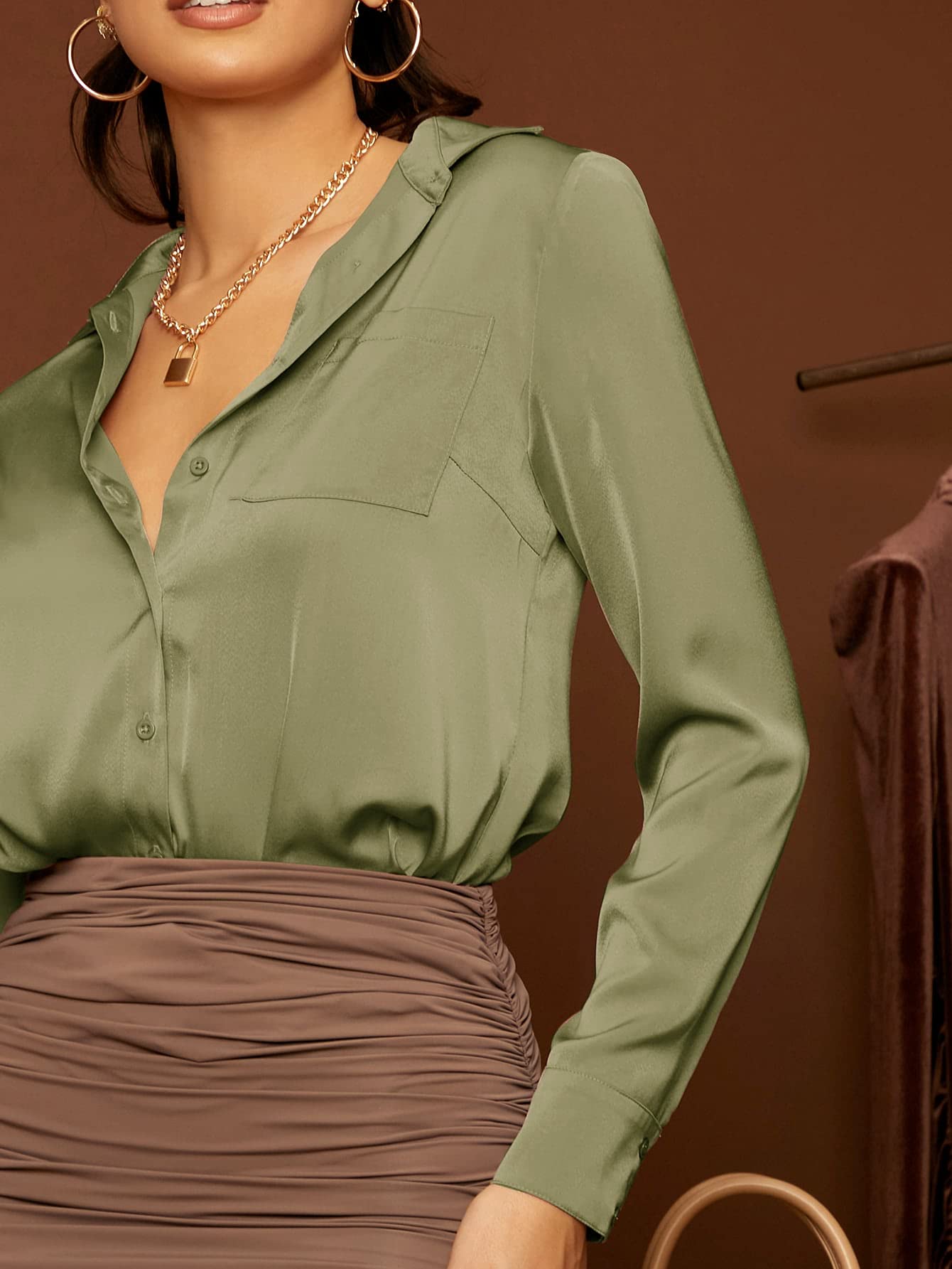 Floerns Women's Satin Long Sleeve Button Up Blouse - Elegant Silky Shirt for Work, Office & Business Casual Wear - Plus Size & Regular Fit Available