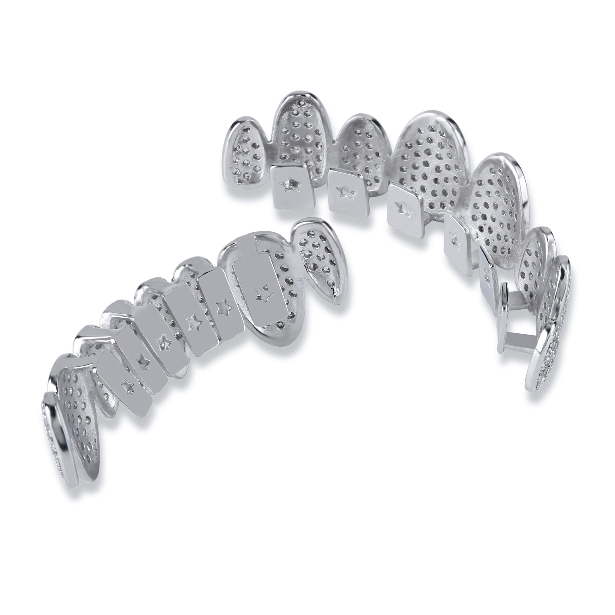 18K Gold Plated Iced Out Simulated Diamond Teeth Grillz - 8 Top & Bottom Dental Grills with Extra Molding Bars | Perfect for Hip Hop Fashion, Rappers, and Special Events