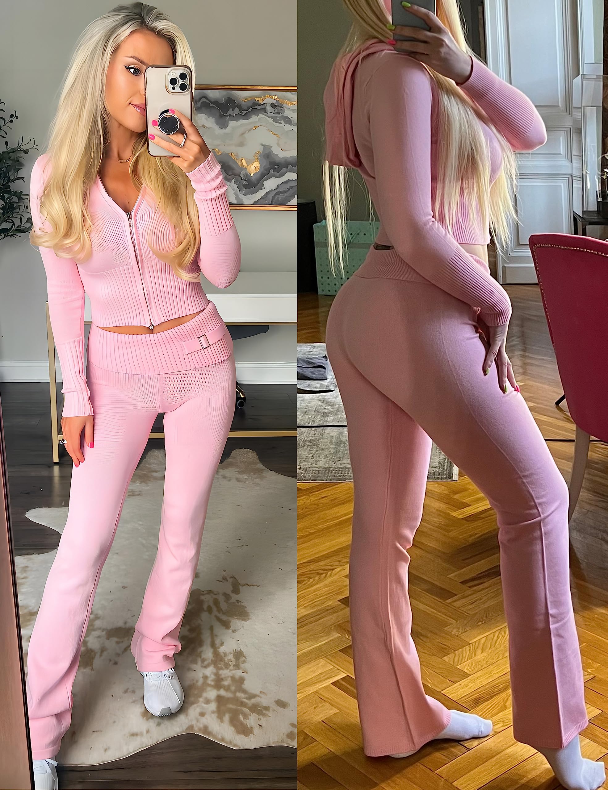 Springrain Women's 2-Piece Sweater Set - Ribbed Zip Hoodie & Knit Lounge Outfit for Casual Wear, Home Comfort & Street Style Fashion