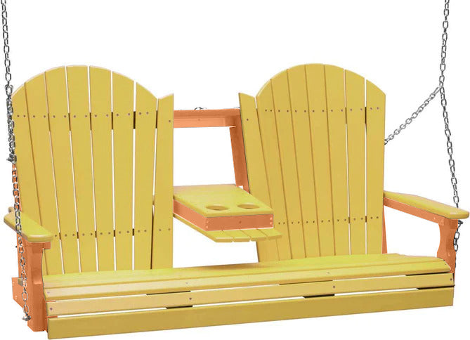 LuxCraft 5ft Yellow Adirondack Porch Swing - Recycled Plastic Outdoor Furniture with Cup Holder | Perfect for Patio, Garden, Backyard Relaxation