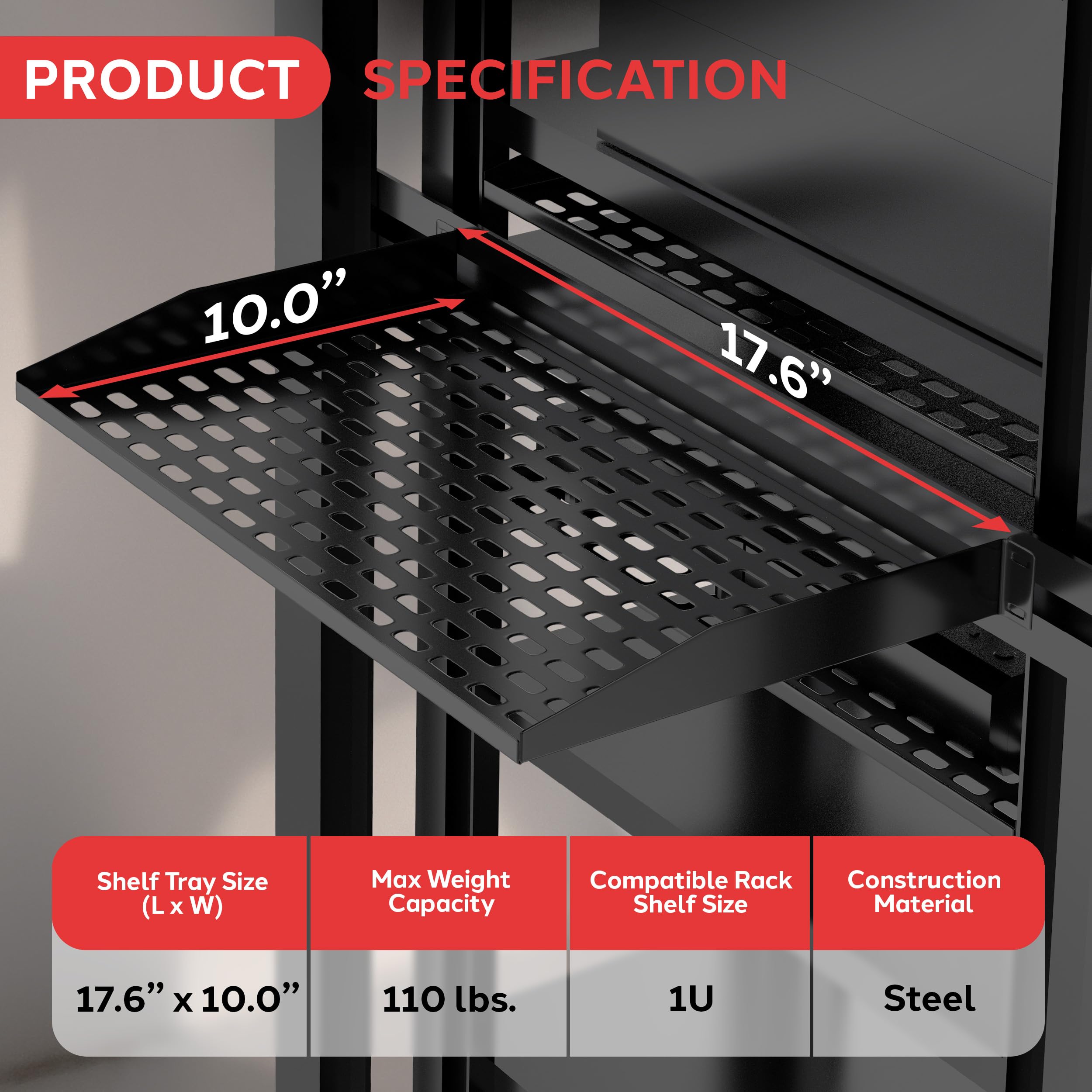 Pyle 19-Inch 1U Server Rack Shelf - 4 Pack Vented Metal Shelves for Optimal Airflow, Wall/Rack Mountable - Supports 110 lbs, 17