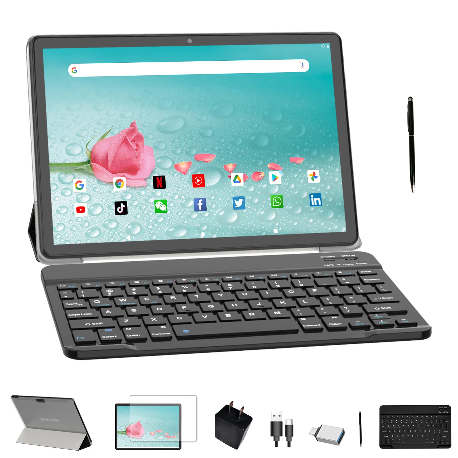 BAIWOYER 10.1 Inch Android Tablet with Keyboard & Stylus - 64GB Storage (512GB Expandable), Octa-Core Processor, 13MP+5MP Dual Camera, 6000mAh Long Battery Life - Perfect for Work, Study & Entertainment
