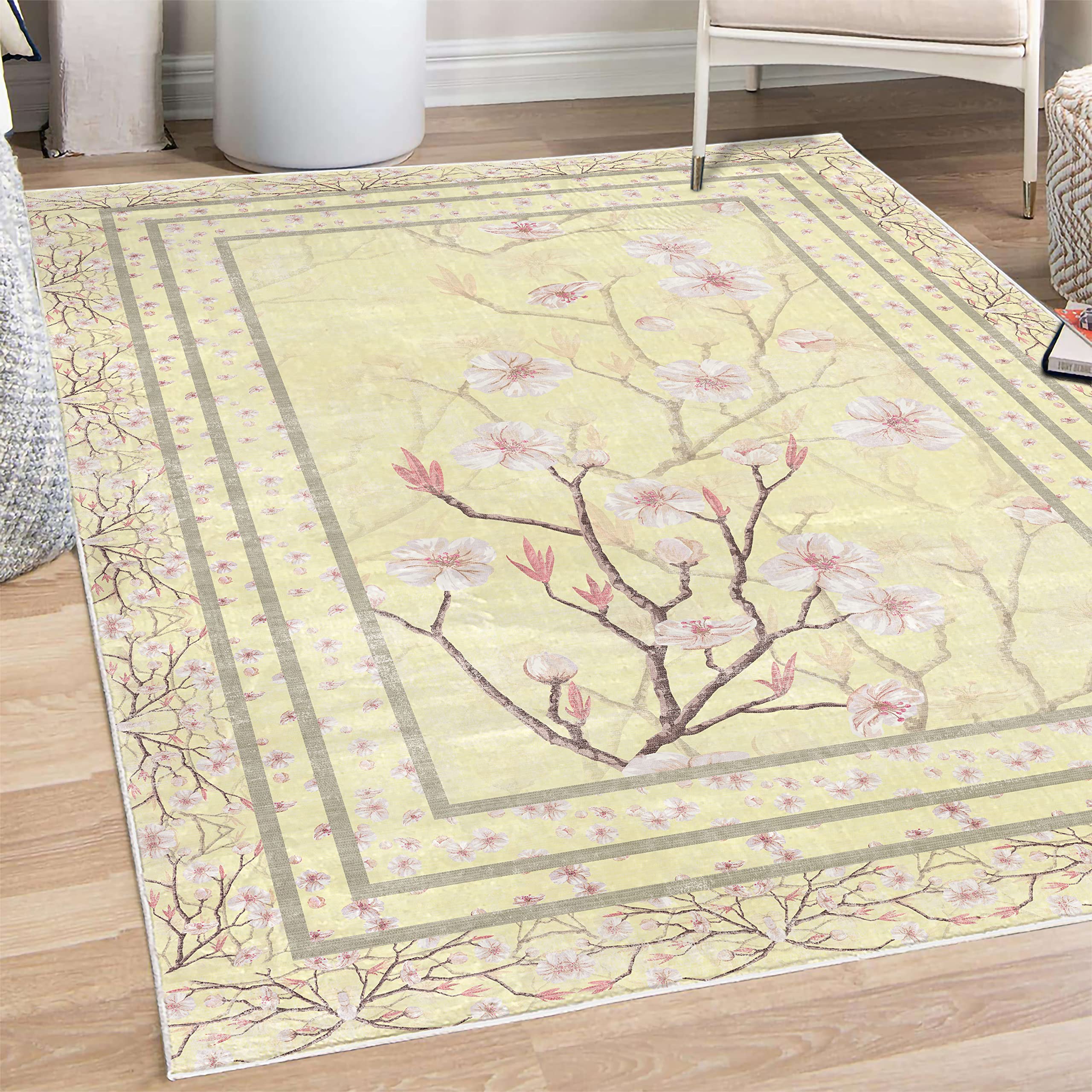 Ambesonne Floral Area Rug - Spring Apple Blossom Design with Nature-Inspired Branches, Soft Cream & Pale Rose Non-Slip Carpet for Bedroom, Living Room, Dorm (5'1