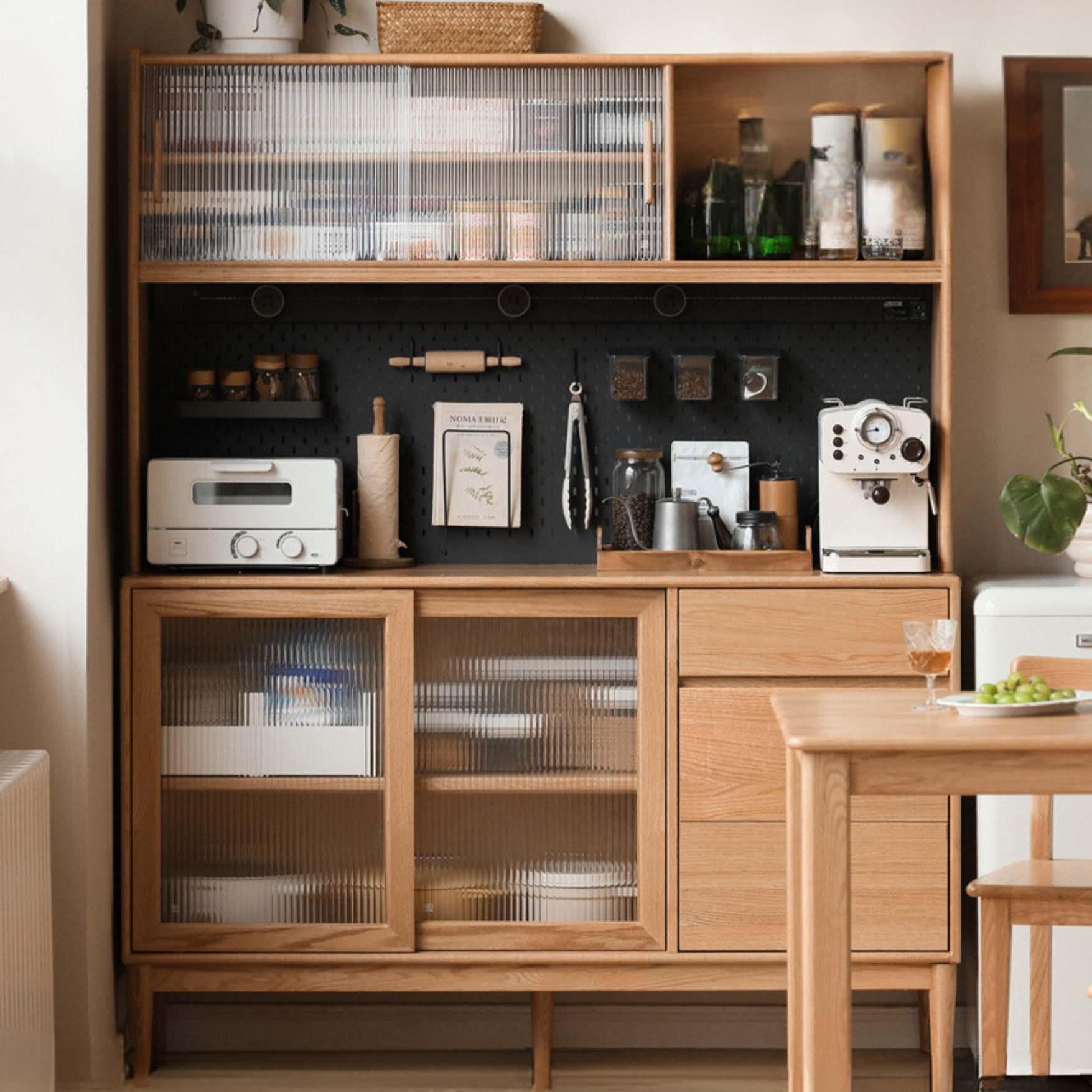 Solid Oak Wood Modern Dining Sideboard - Wall-Mounted Buffet Cabinet for Dining Room Storage & Decor
