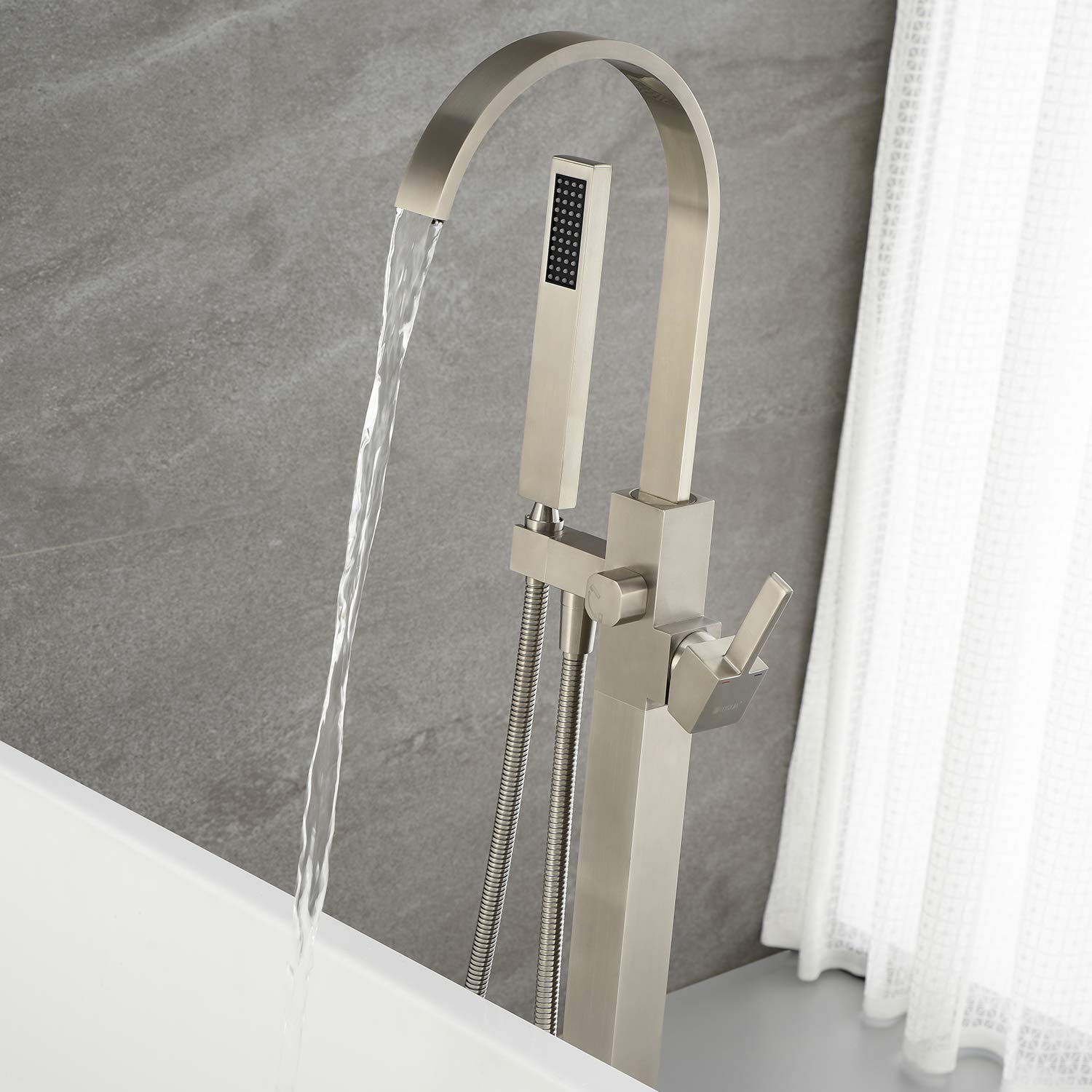 Freestanding Bathtub Faucet - Brushed Nickel Waterfall Tub Filler with Hand Shower, Single Handle Floor Mount Faucet for Modern Bathroom Decor | Perfect for Spa-Like Relaxation and Luxury Bath Experience