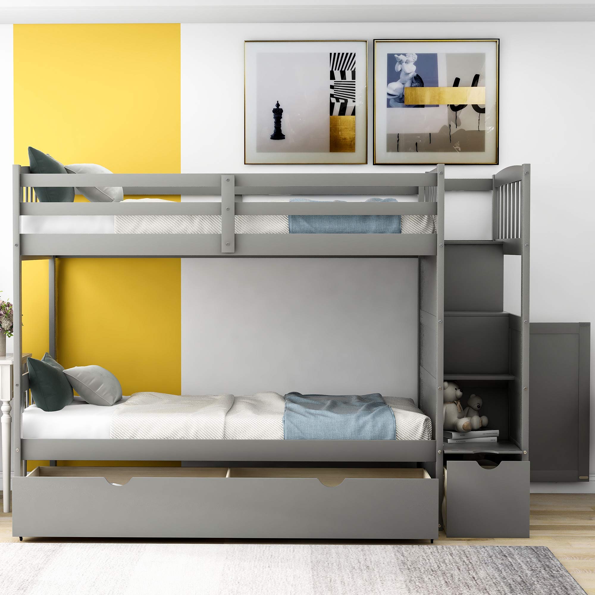 Twin Over Full Bunk Bed with Stairs, Storage Drawers & Shelves - Convertible Wooden Frame, Multi-Functional Kids Bedroom Furniture (Gray) - Perfect for Small Spaces, Guest Rooms & Shared Kids' Bedrooms