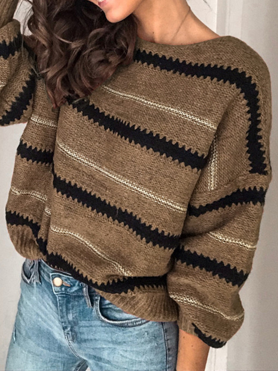 Stylish Contrast Striped Round Neck Long Sleeve Sweater for Women - Cozy Fall & Winter Fashion, Perfect for Office, Casual Outings and Date Nights