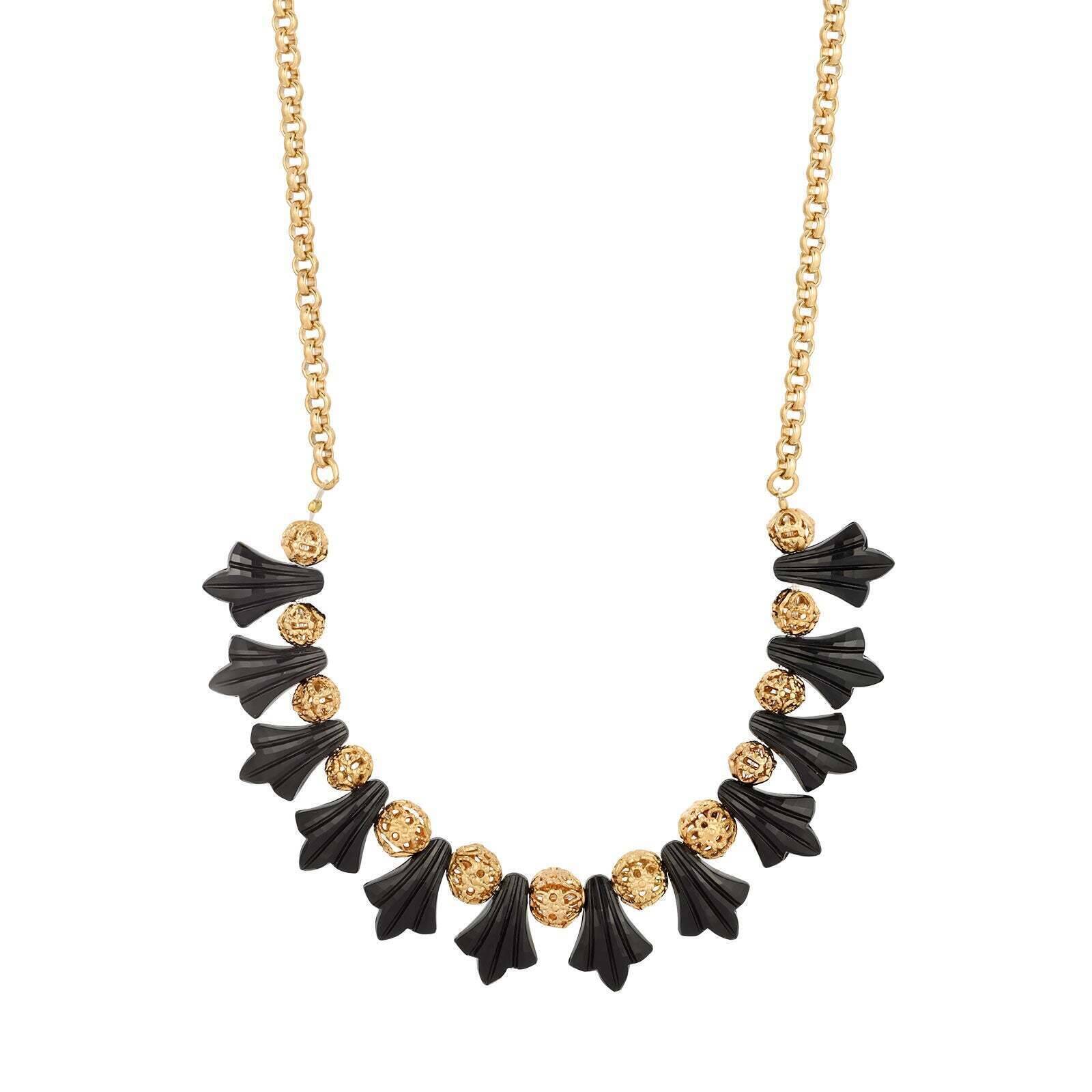 1928 Black Tulip Flower Filigree Puff Bead Necklace - 16