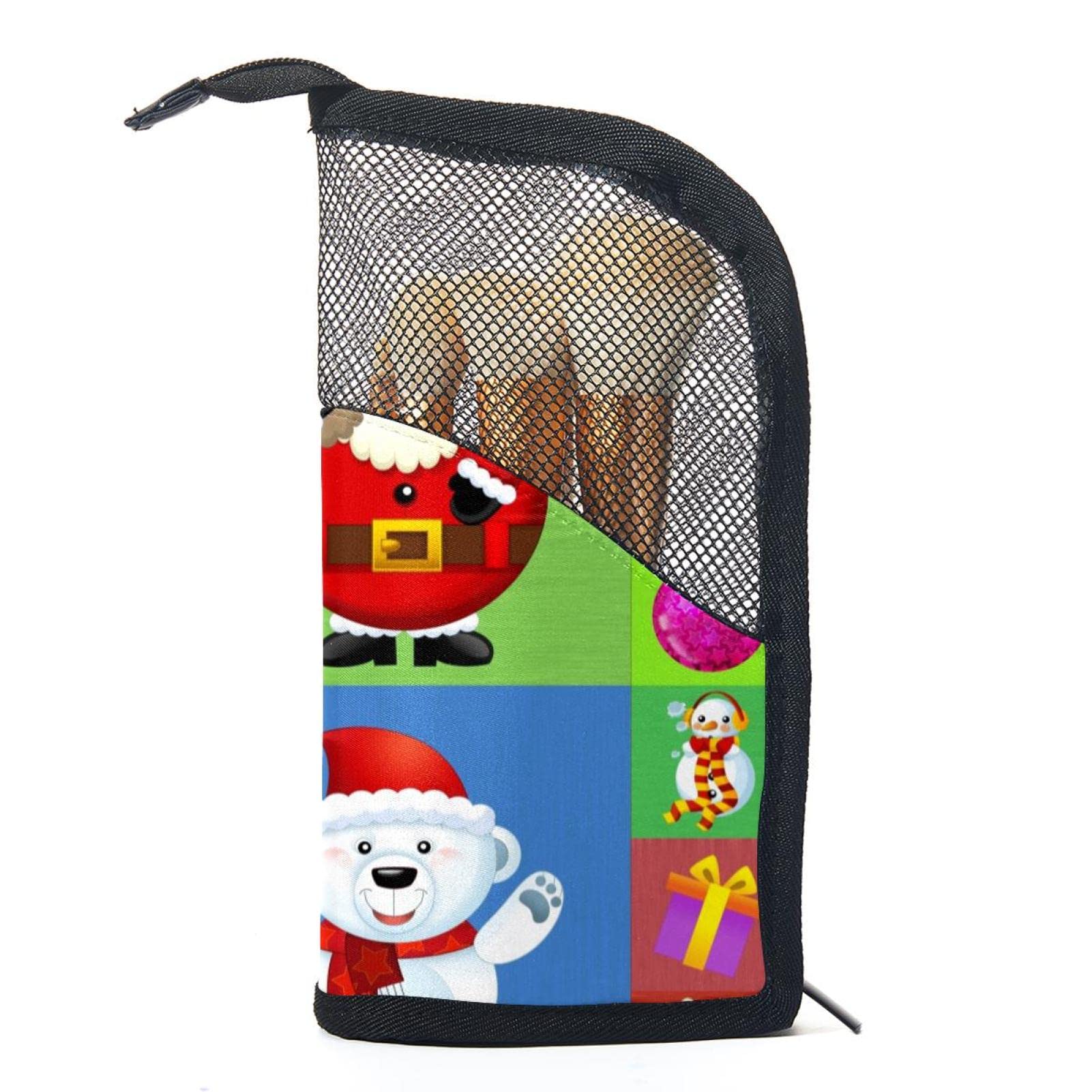Portable Makeup Brush Organizer Bag with 12 Slots - Christmas Snowman Santa Bear Reindeer Design - Perfect for Travel & Home Makeup Storage
