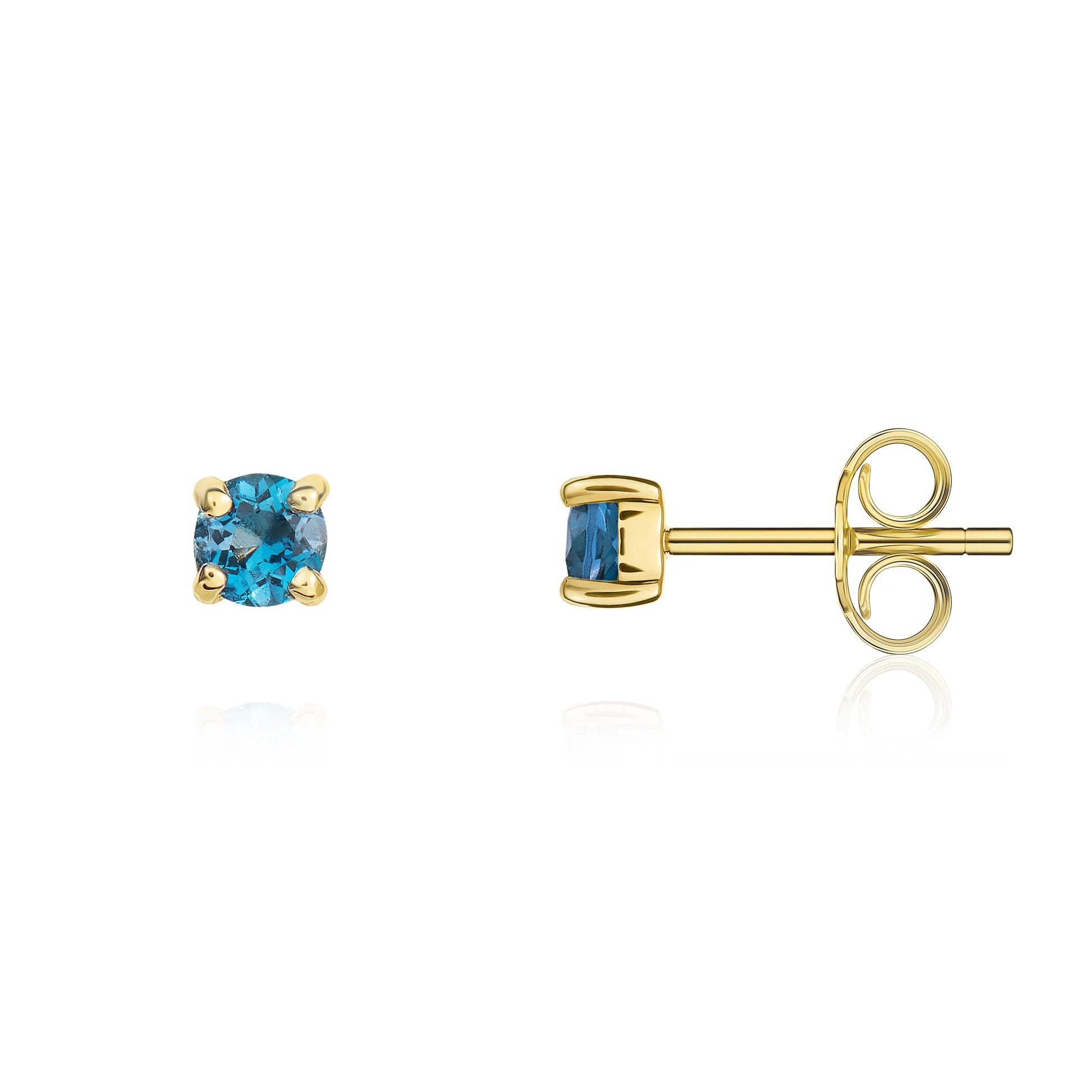 9ct Yellow Gold London Blue Topaz 3mm Round 4 Claw Stud Earrings for Women - Elegant Blue Gemstone Jewelry for Everyday Wear & Special Occasions