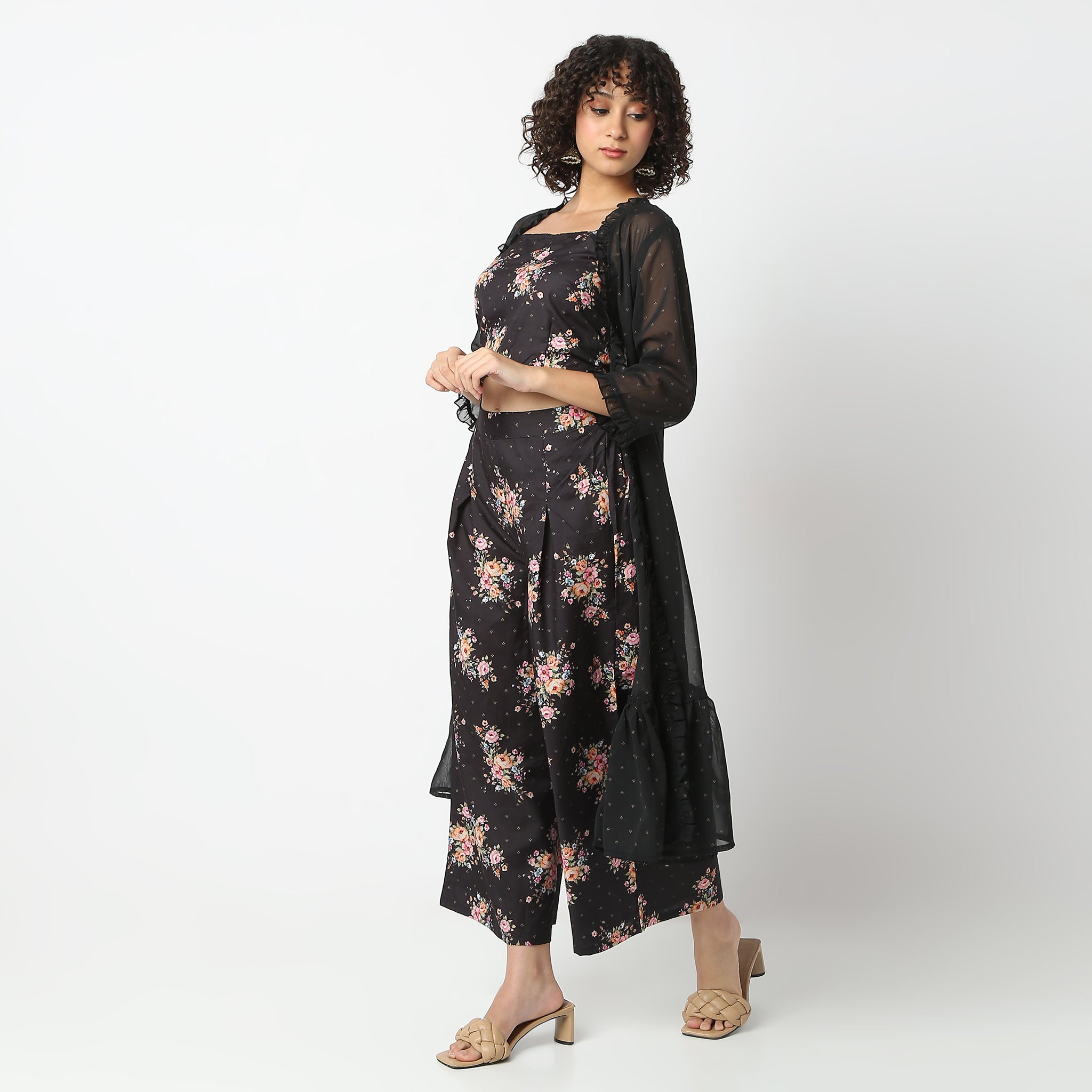Flare Fit Printed Square Neck Crop Top and Palazzo Pants with Cape Set - Trendy Women's Outfit for Casual Wear, Party & Fashion Events