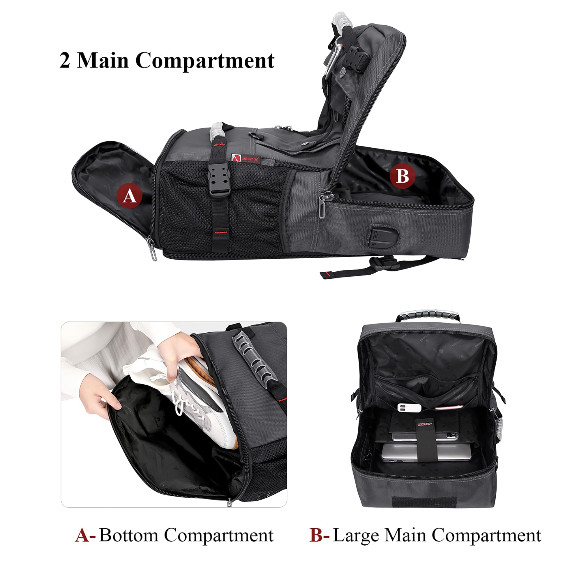 WITZMAN Convertible Travel Backpack for Men - Duffle Luggage Carry On Bag Fits 17 Inch Laptop - Airplane Approved - B681 Silvery Grey - Perfect for Business Trips & Weekend Getaways