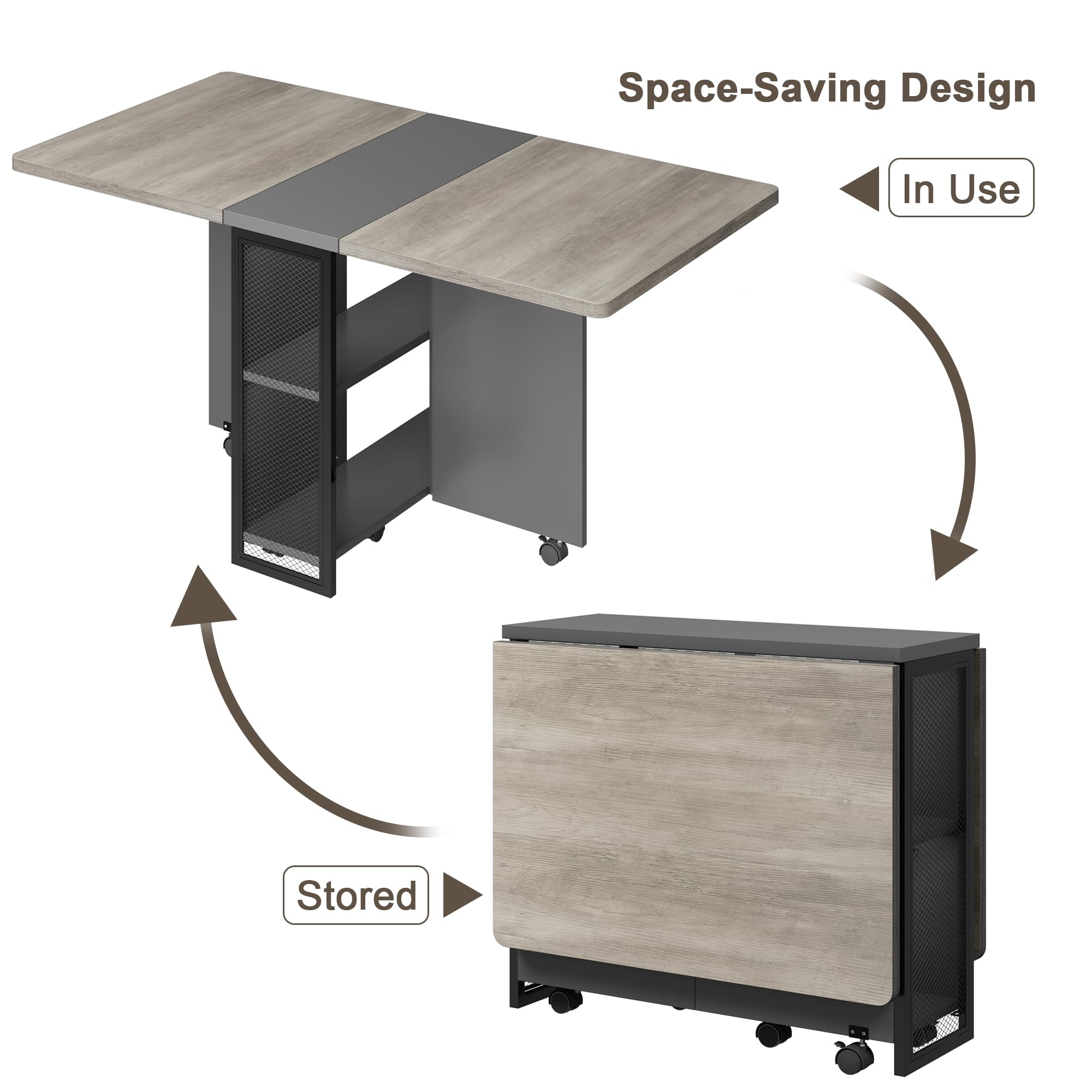 Space Saving Folding Dining Table with 2 Storage Racks - Drop Leaf Extendable Kitchen Table for Small Spaces, Collapsible Office Desk - Perfect for Apartments, Dorms, Tiny Homes & Compact Living Areas