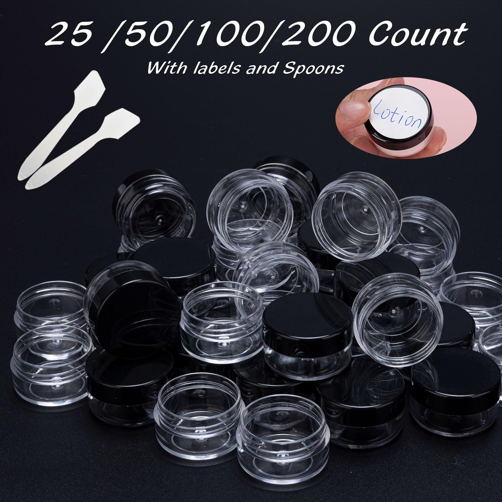 25-Pack 3g Clear Plastic Sample Jars with Black Lids & Mini Spoons - Small Lip Balm Containers with 25 Labels - Perfect for DIY Cosmetics, Travel Toiletries & Essential Oil Storage