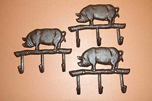 3 Pack Heavy Duty Cast Iron Pig Wall Hooks - 7 Inch Wide Farmhouse Decor for Coats, Hats & Keys - Rustic Barnyard Wall Hangers for Kitchen, Entryway & Mudroom Organization