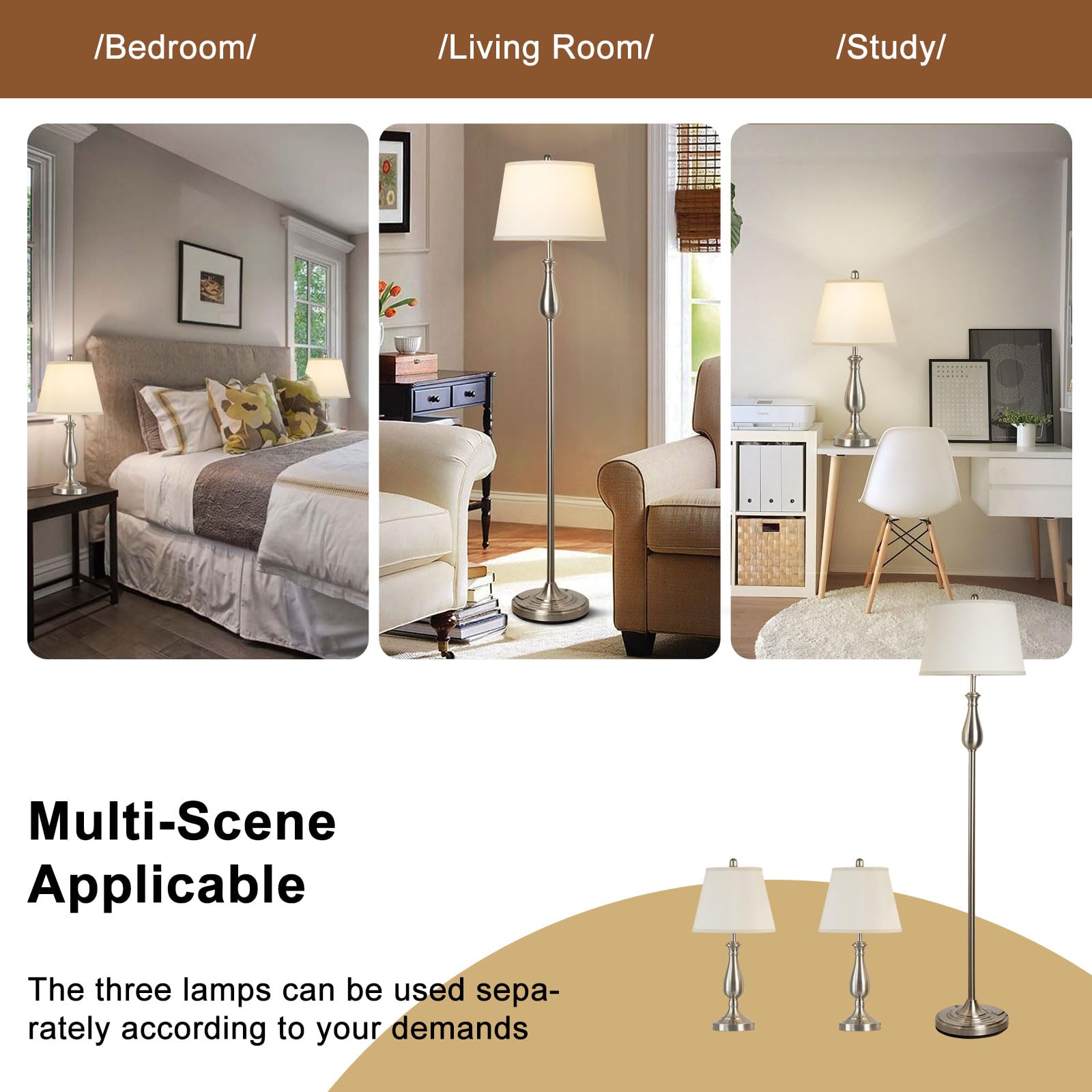 Depuley 3-Piece Modern Lamp Set - 2 Table Lamps & 1 Floor Lamp with White Linen Shades, Silver Metal Finish for Living Room, Bedroom, Office | Perfect for Ambient Lighting and Home Decor