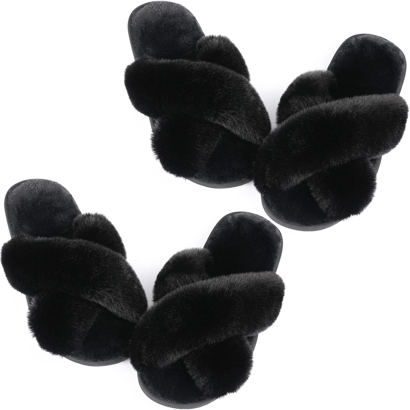 Ankis Women's Fuzzy Fluffy Slippers - 2 Pair Cozy Soft Comfy House Slippers with Cross Band & Open Toe | Non-Slip Indoor Outdoor Slippers for Relaxation, Lounge & Home Wear | Perfect for Winter, Spa Days & Cozy Evenings