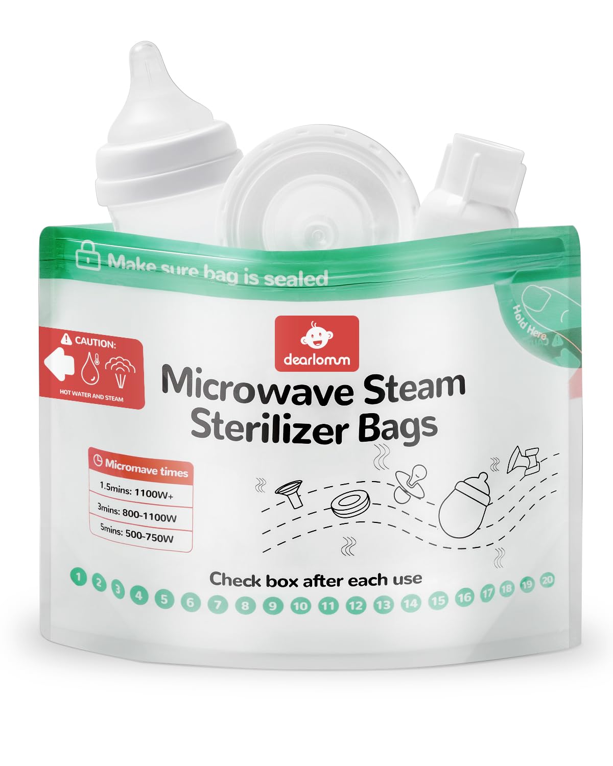 Dearlomum Reusable Microwave Steam Sterilizer Bags - 15 Count (20 Uses Per Bag) for Baby Bottles, Pacifiers & Breast Pump Accessories | Travel-Friendly Sterilization Pouches | Perfect for Daycare, Travel & Home Use