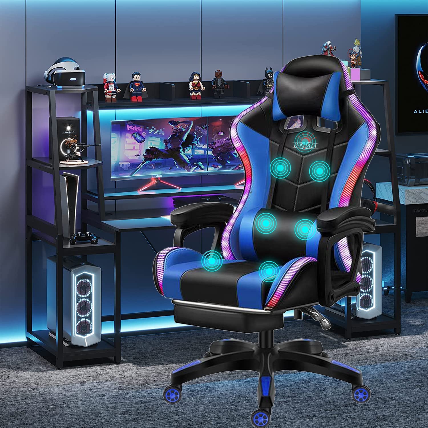 XOOFMASS Gaming Chair with Built-in Speakers & RGB Lighting - Ergonomic Massage Office Chair with PU Leather, Recliner Function, Headrest, Armrest & Lumbar Support - Perfect for Esports, PC Gaming & Home Office Workspace