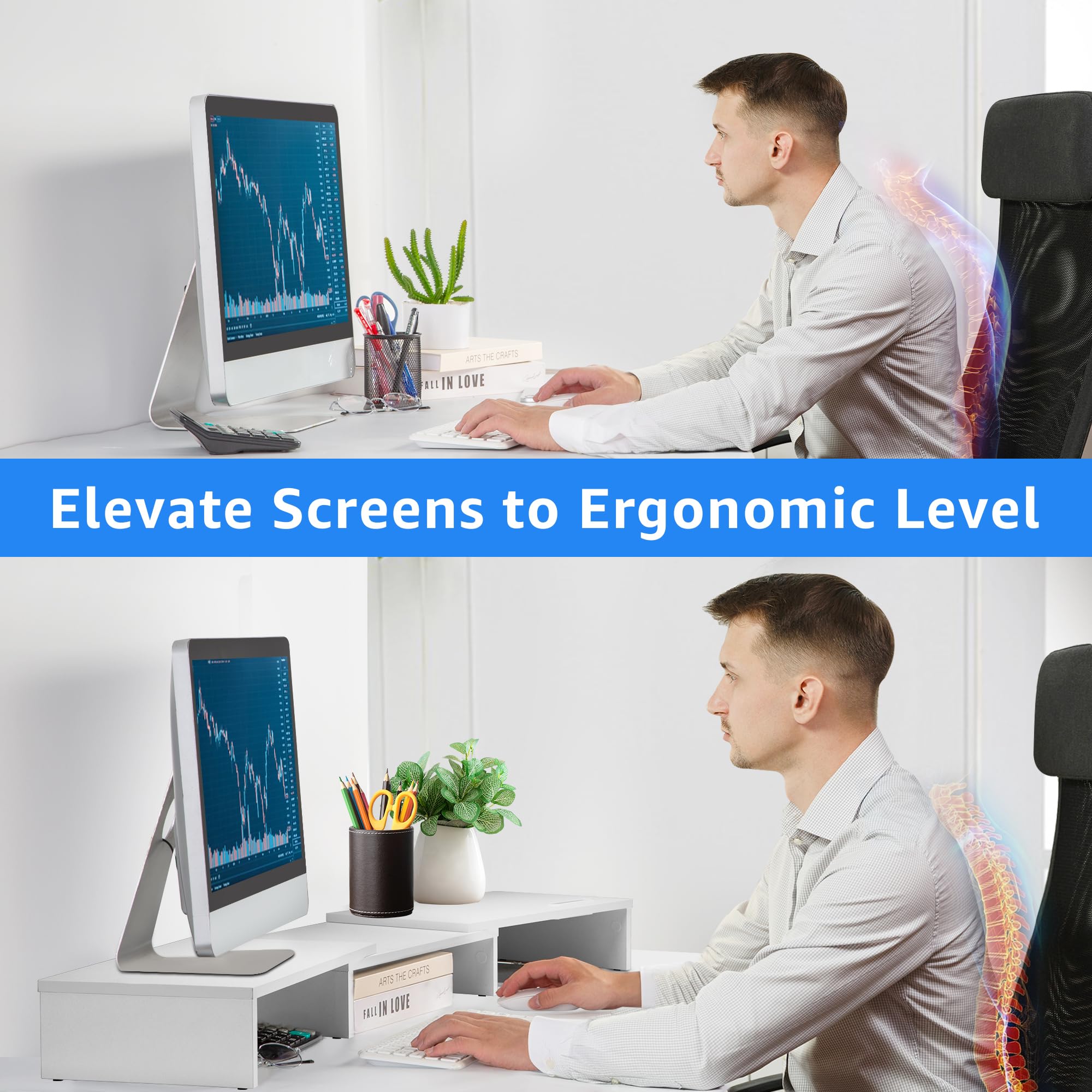 Jaco Dual Monitor Stand Riser for 2 Screens - Adjustable Wooden Desktop Organizer with Smartphone Holder - Perfect for Home Office, Gaming Setup & Workspace Organization (White)