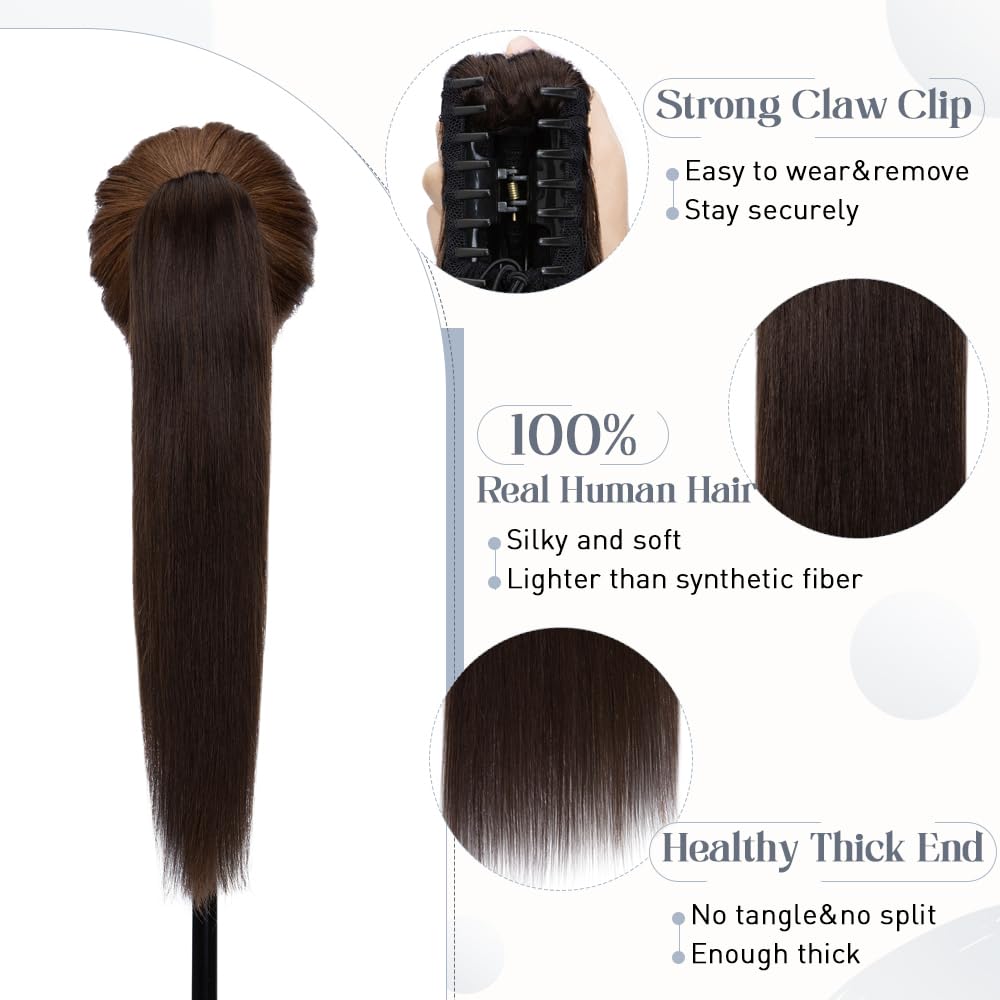 Premium 20 Inch Human Hair Ponytail Extension - Real Hair Clip-In Ponytail with Balayage Dark Brown (#2) for Women | 120g Straight Hair Extensions | Perfect for Parties, Weddings & Everyday Styling