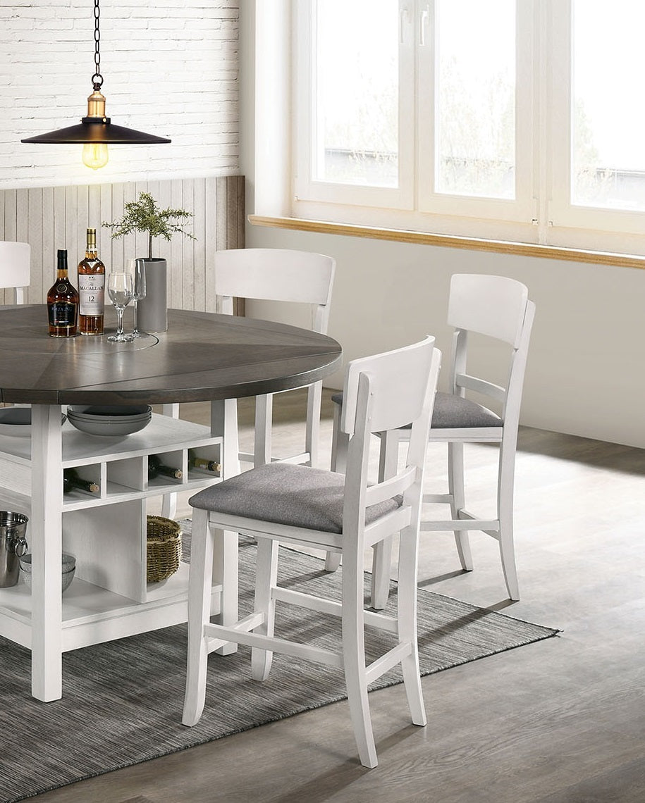 Modern Counter Height Dining Chairs Set of 2 - White Solid Wood with Gray Padded Fabric Seat - Perfect for Kitchen Islands, Breakfast Nooks & Small Space Dining Areas