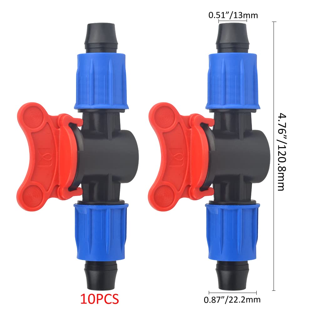 10-Pack 1/2 Inch Drip Irrigation Shut-Off Valve - Universal Coupling for 16-17mm Drip Tape Tubing - Compatible with Sprinkler Systems (Blue & Red) - Perfect for Garden, Lawn & Greenhouse Watering