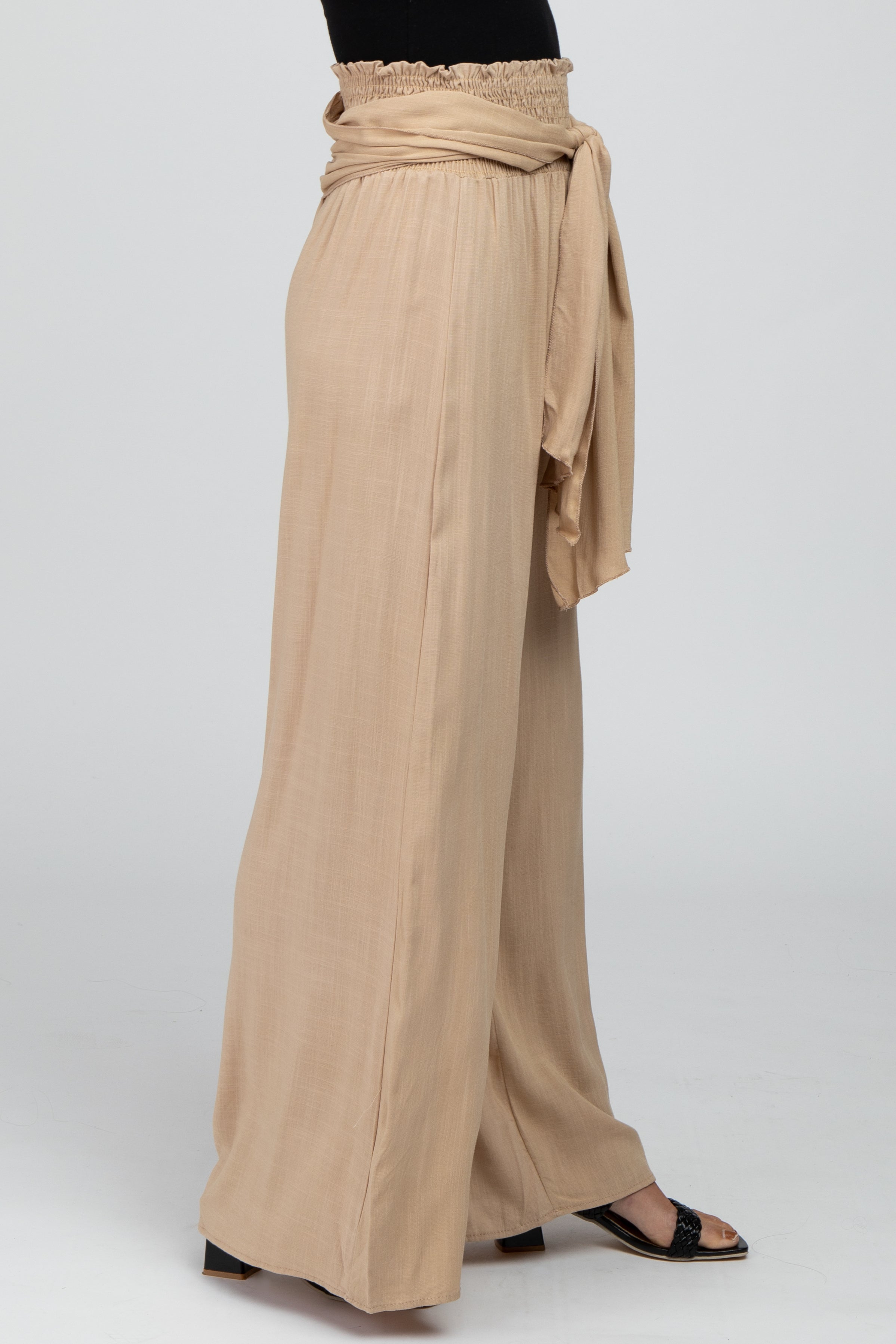 Beige High Waist Tie Front Wide Leg Pants for Women - Comfortable Stretchy Office Work Pants & Casual Lounge Pants for Everyday Wear