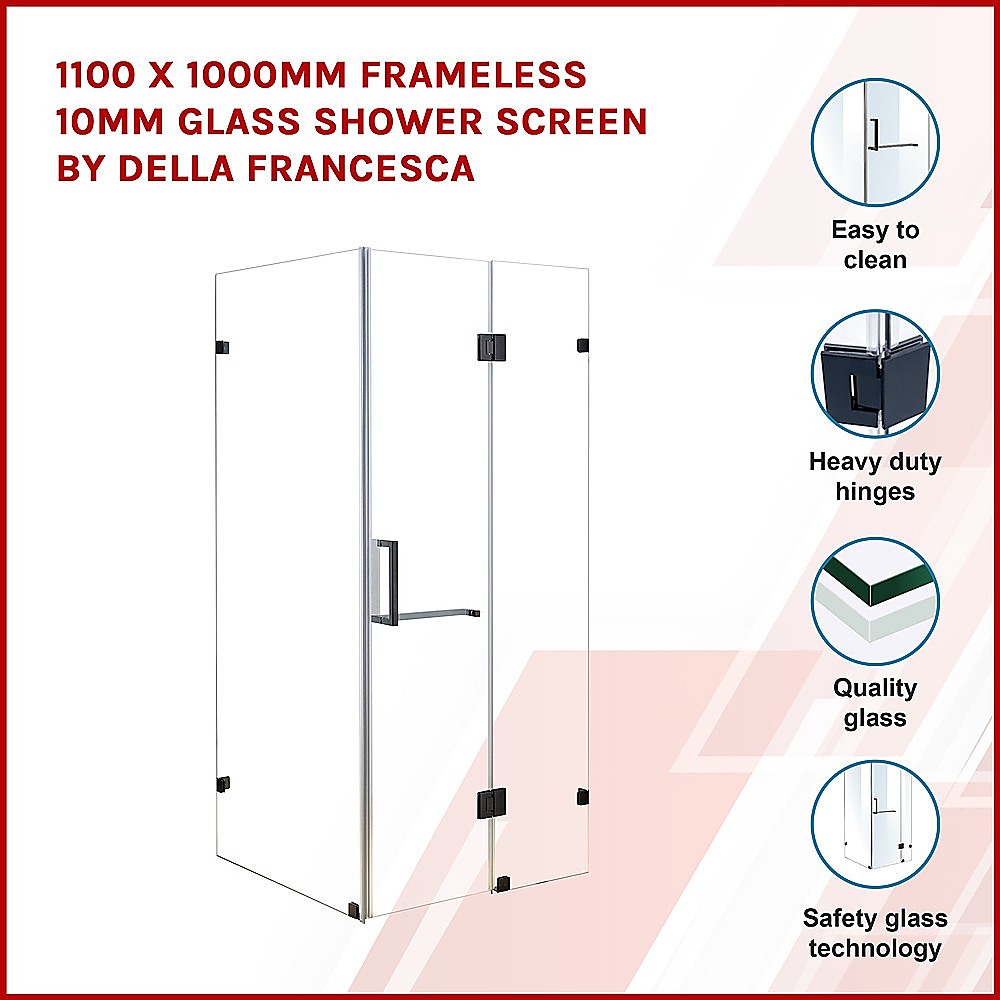 Frameless 10mm Glass Shower Screen 1100 x 1000mm - Modern Bathroom Enclosure by Della Francesca | Perfect for Walk-in Showers, Wet Rooms & Spa Bathrooms
