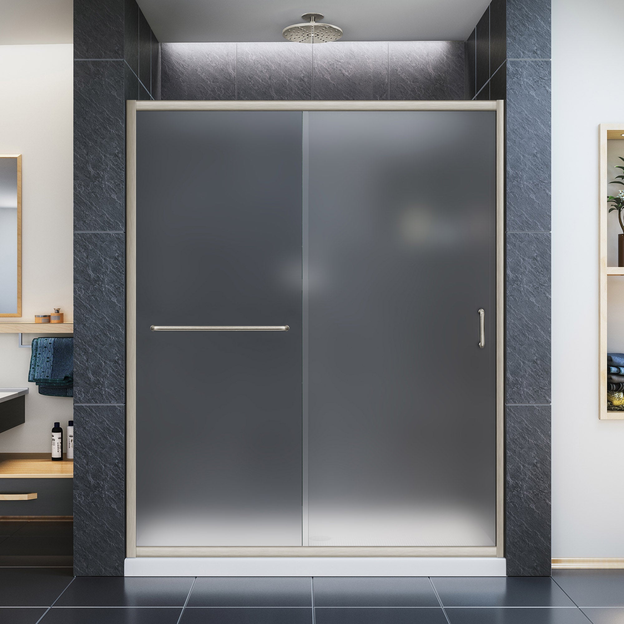 DreamLine Infinity Z 30x60x74.75 Inch Semi-Frameless Sliding Shower Door with SlimLine Base Kit - Frosted Glass for Modern Bathroom Renovation & Spa-Like Shower Experience