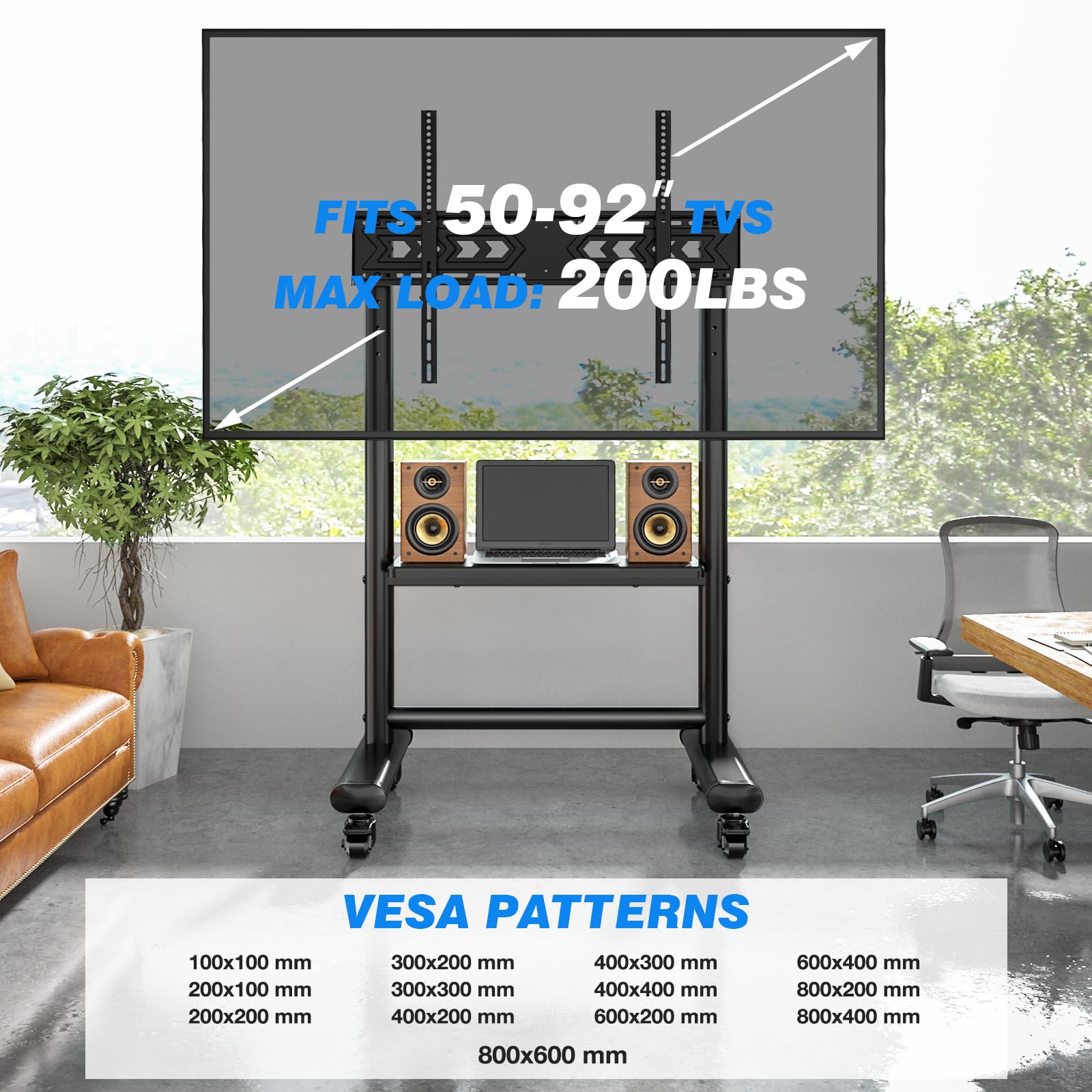 Heavy Duty Mobile TV Stand for 50-92 Inch Large TVs up to 200lbs - Adjustable Height Rolling TV Cart with Locking Wheels & AV Shelf - Perfect for Home Theater, Office Presentations, and Trade Show Displays