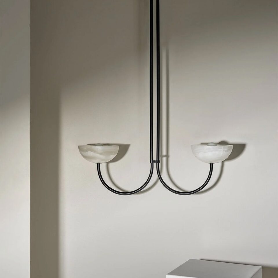 Marz Designs Aurelia Double Pendant Light - White Onyx & Brushed Black Finish - 2 Size Options - Modern Ceiling Lighting for Dining Room, Kitchen Island or Entryway