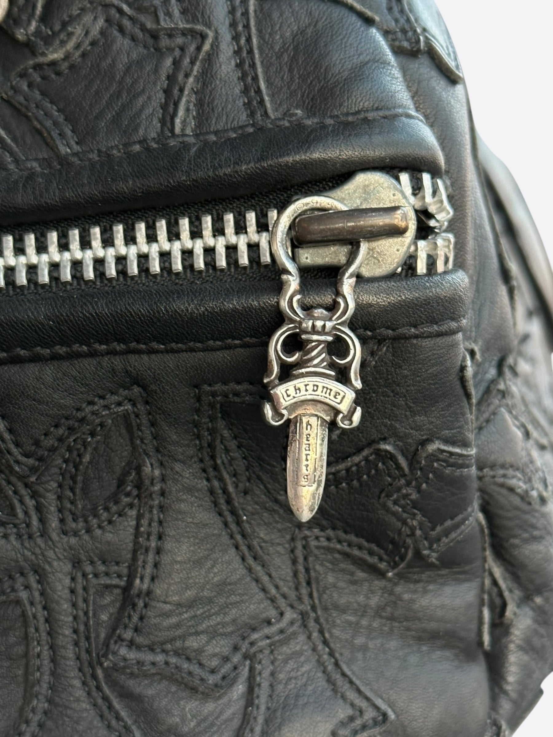 Chrome Hearts Black Leather Cross Patch Duffel Bag for Travel & Gym - Stylish Designer Weekender Bag for Men & Women