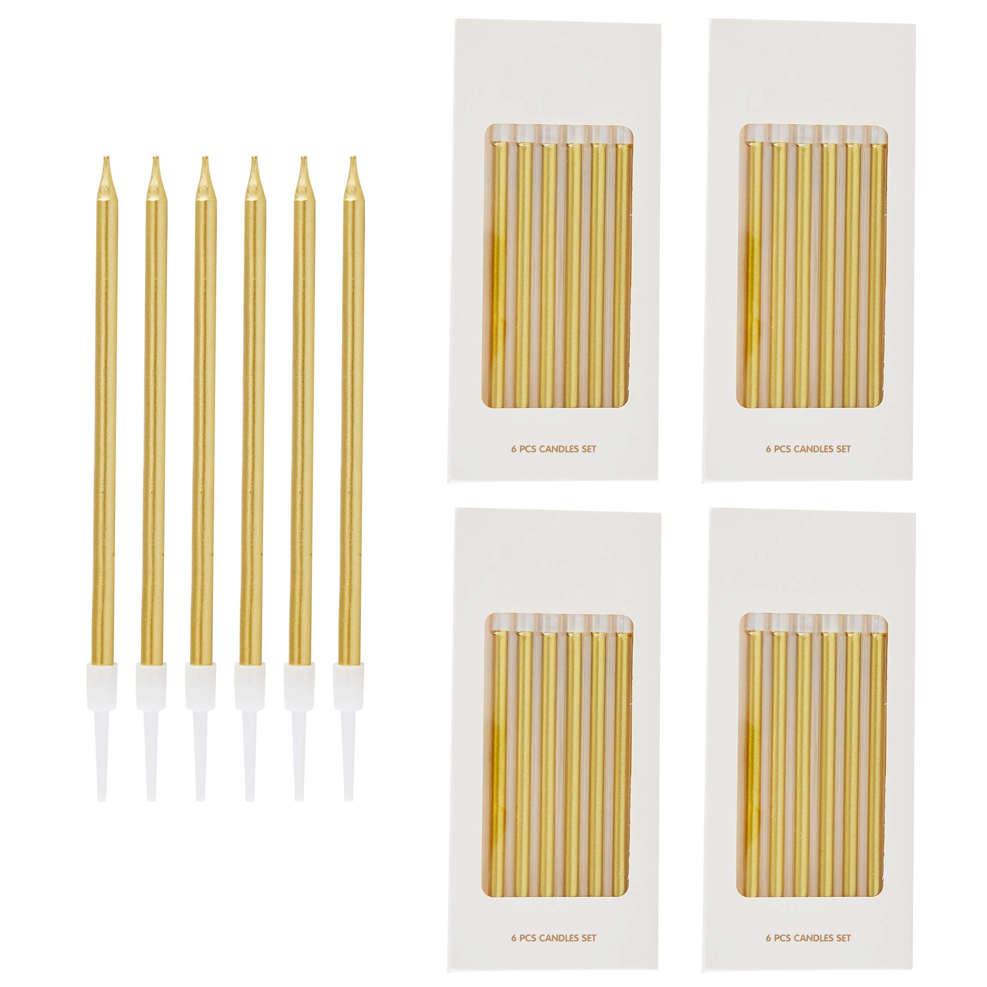 24-Pack Gold Metallic Birthday Candles - Slow Burning Happy Birthday Cake Candles with Holders for Wedding, Party & Celebration Decorations - Perfect for Cakes, Cupcakes & Dessert Tables