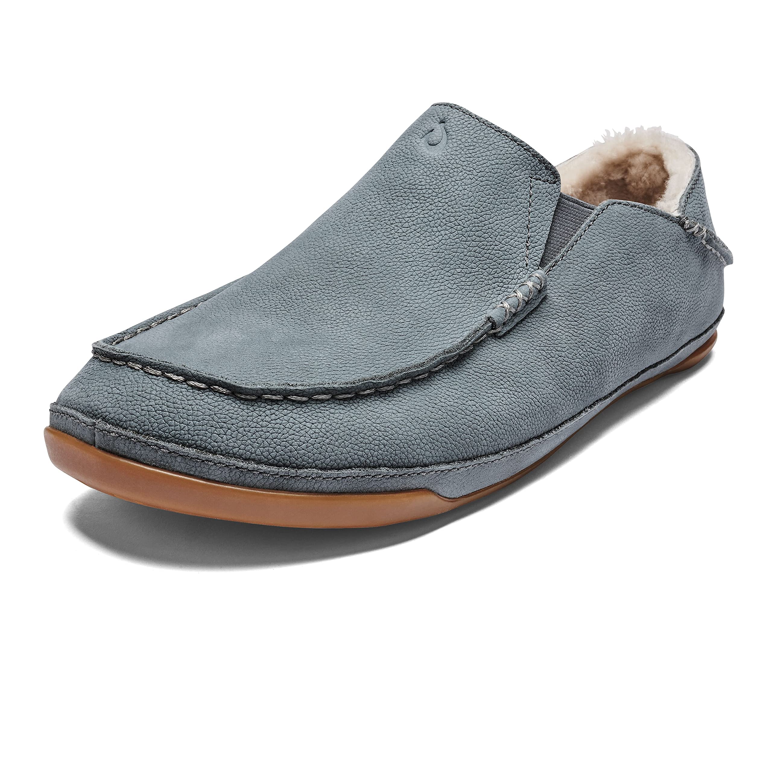 OLUKAI Kipuka Hulu Men's Premium Nubuck Leather Slippers with Shearling Lining & Gel Insert - Comfortable Slip-On Shoes with Drop-In Heel Design for Indoor/Outdoor Wear, House Shoes, Gift for Men